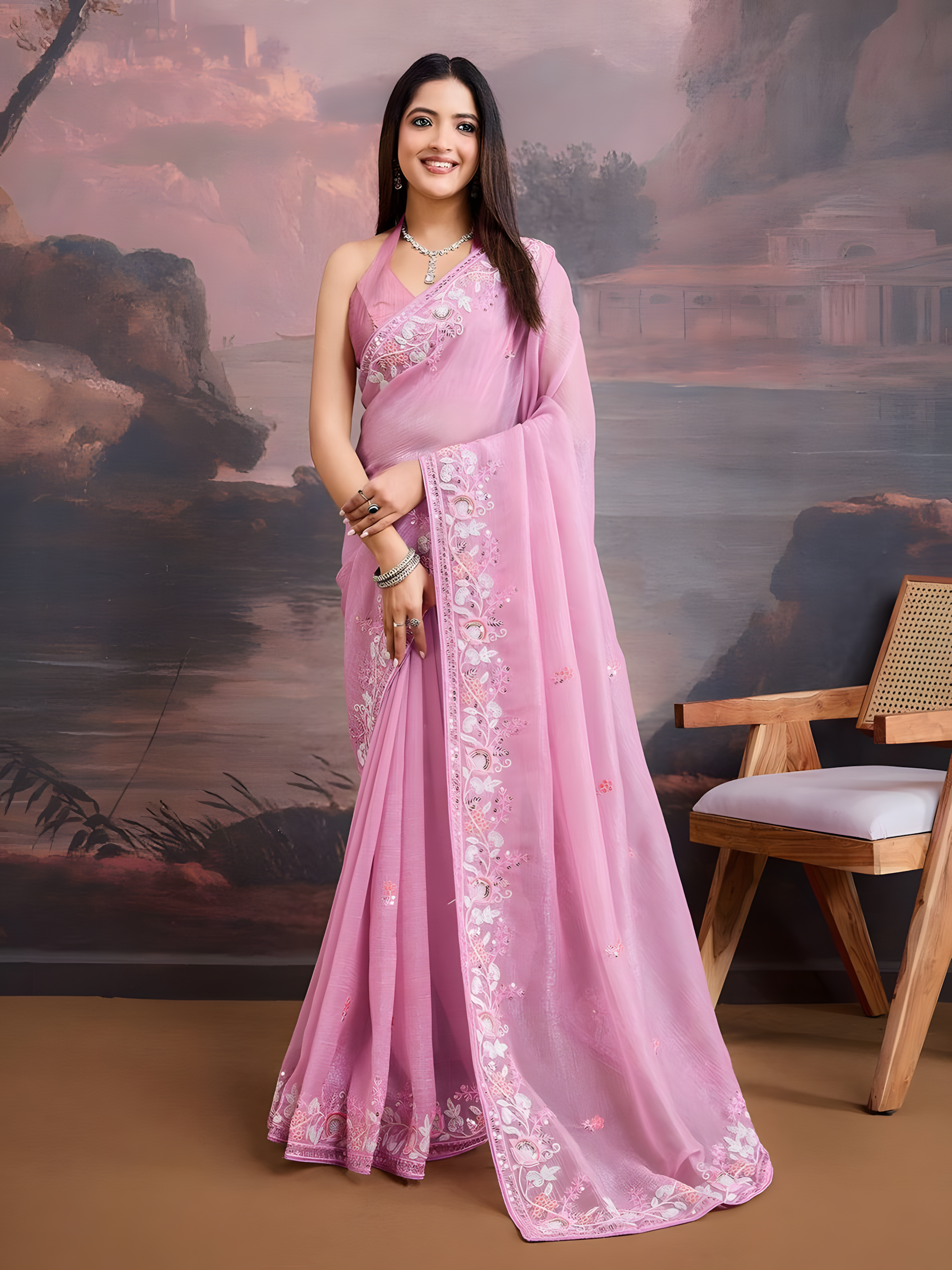 Pink Curnchy Soft Organza Saree with C Pallu Embroidery work border
