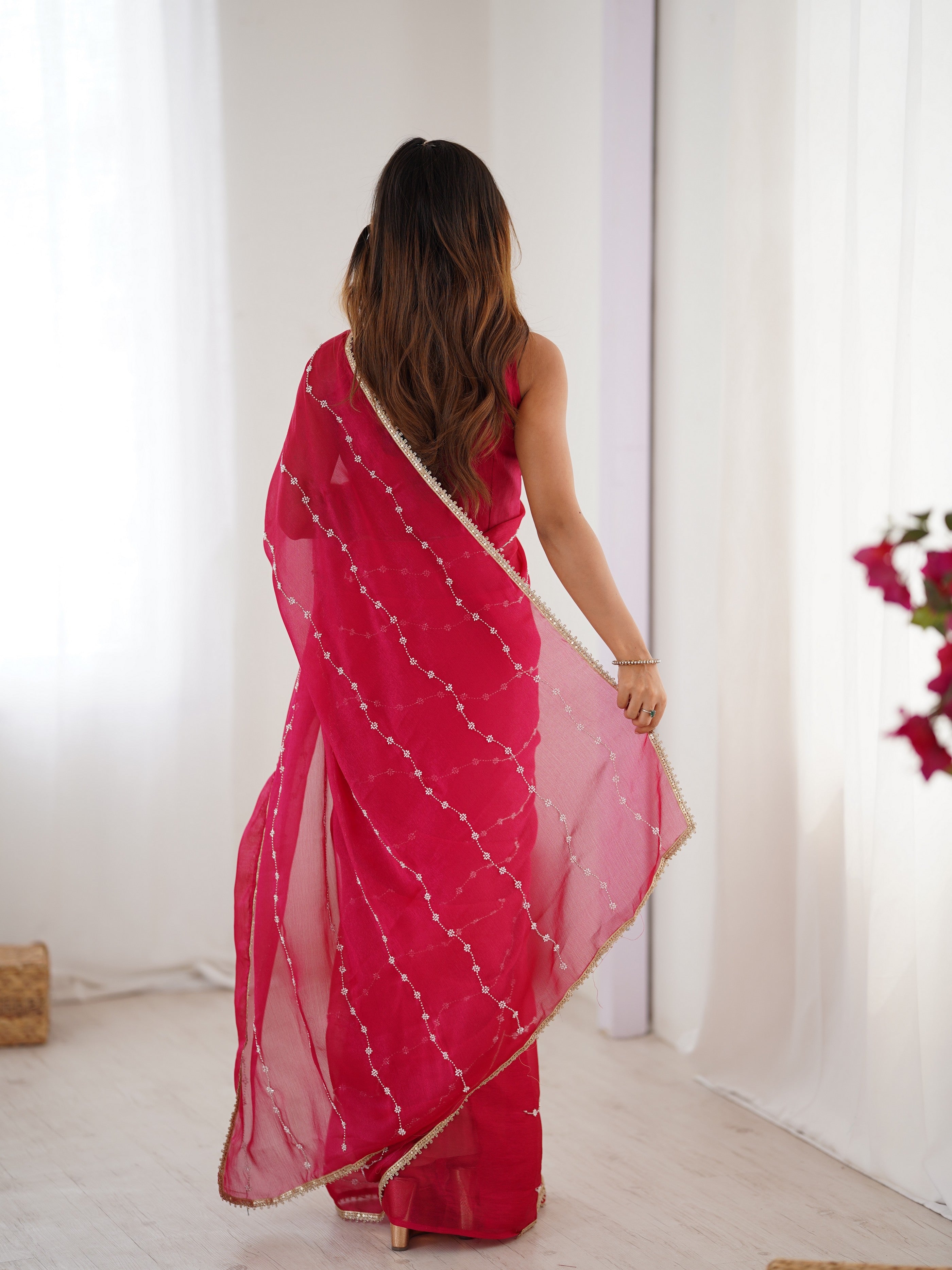 Pink Designer Beads Work Sitara Chiffon Girlie Ceremonial Saree