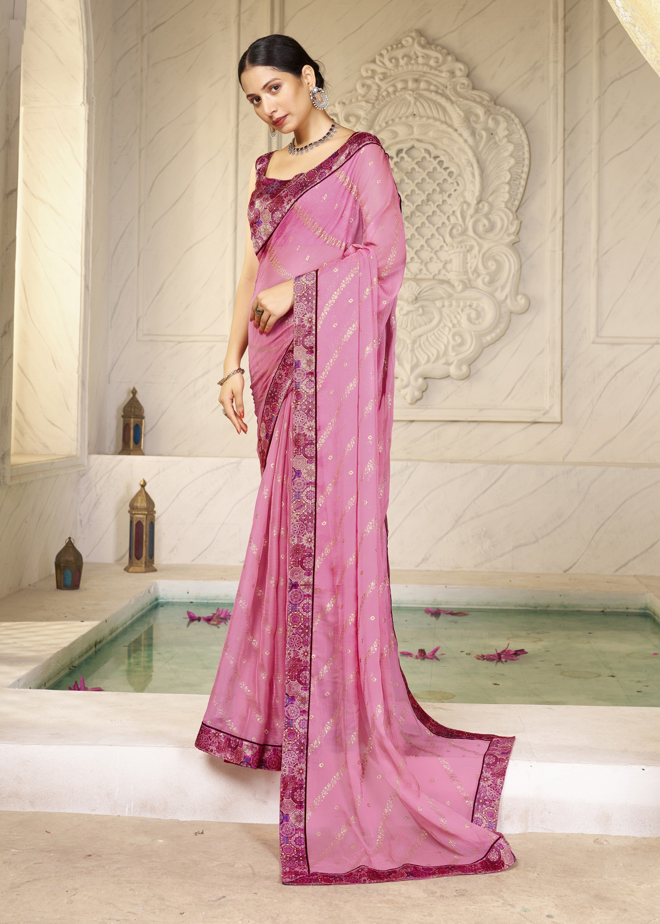 Pink Designer Digital Foil Printed Bollywood Style Chiffon Saree
