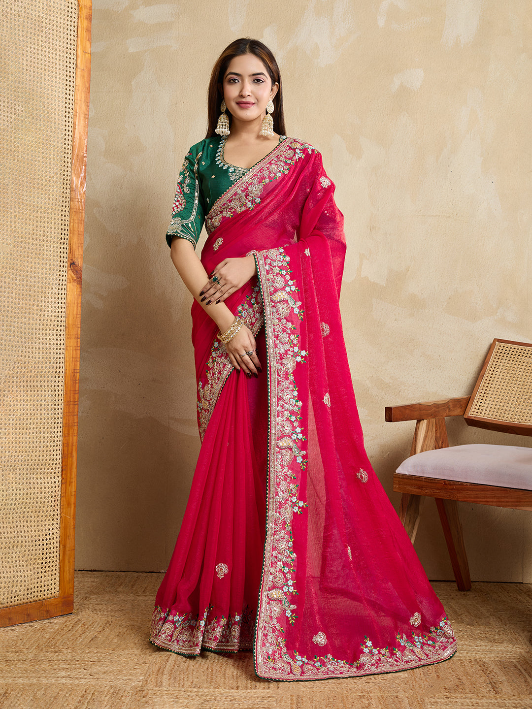 Pink Designer Embroidery Work Frendy Chiffon Wedding Ceremony Special Saree
