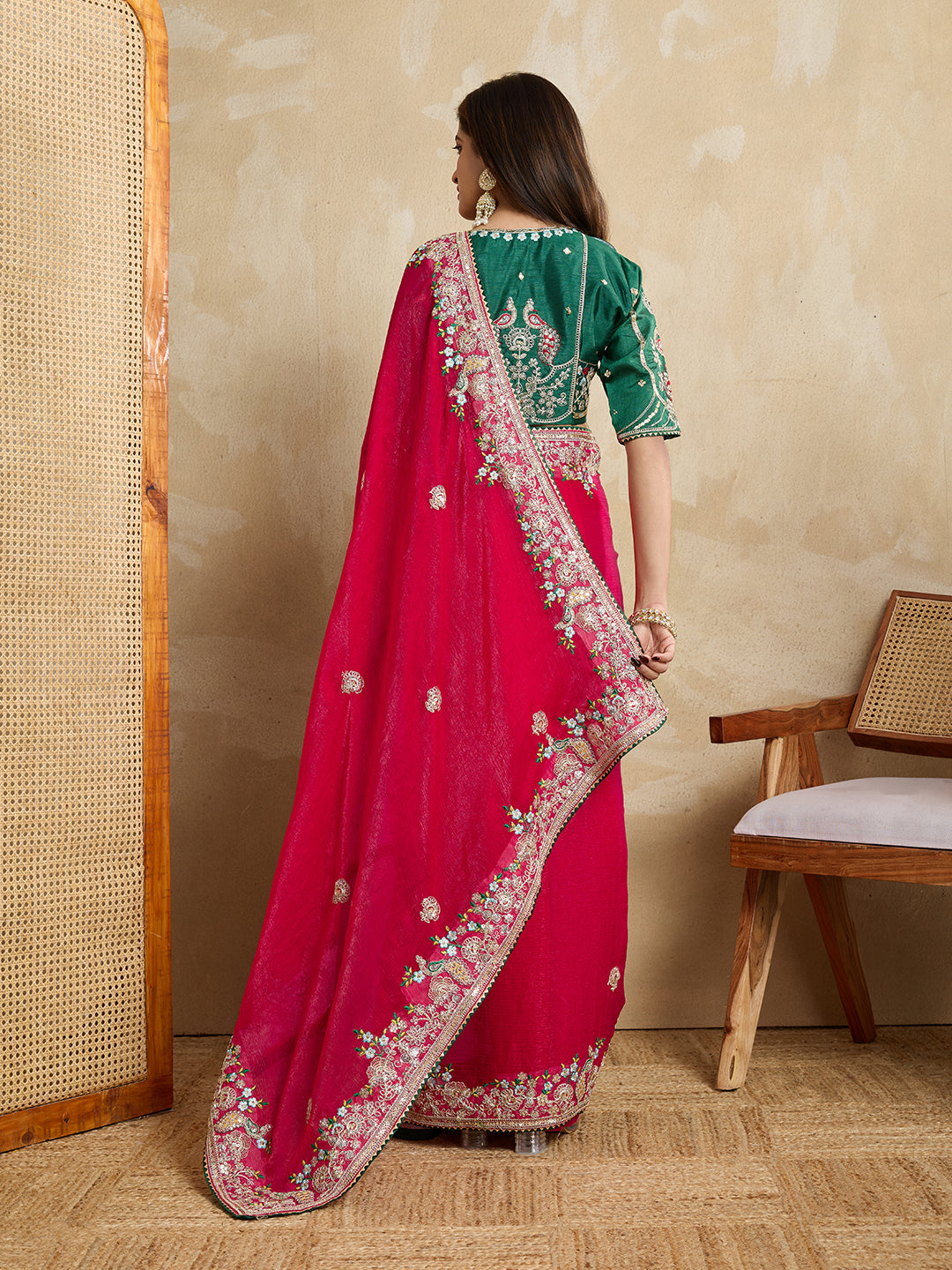 Pink Designer Embroidery Work Frendy Chiffon Wedding Ceremony Special Saree