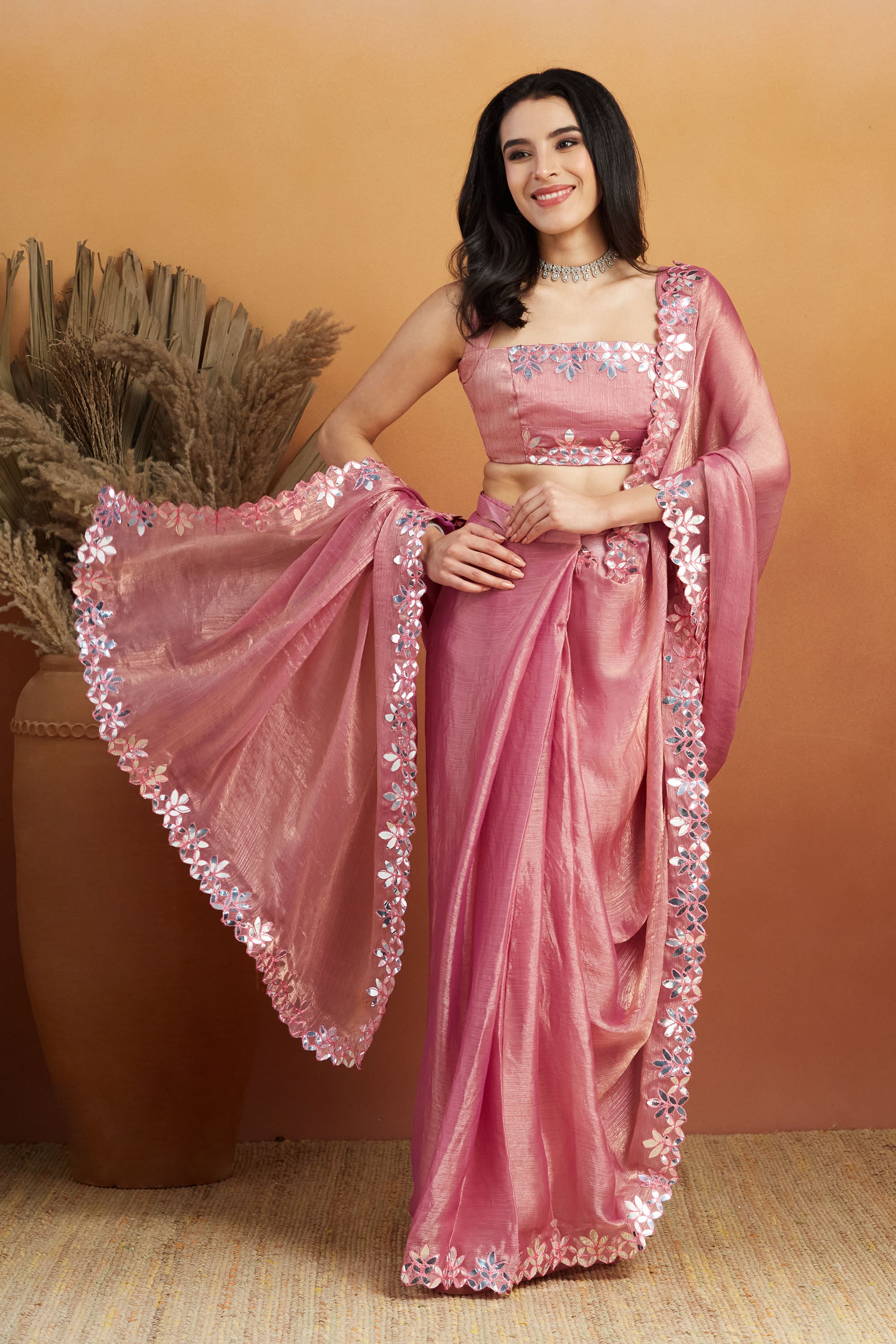 Pink Designer Fancy Ready To Wear Saree For Ceremonial Looks