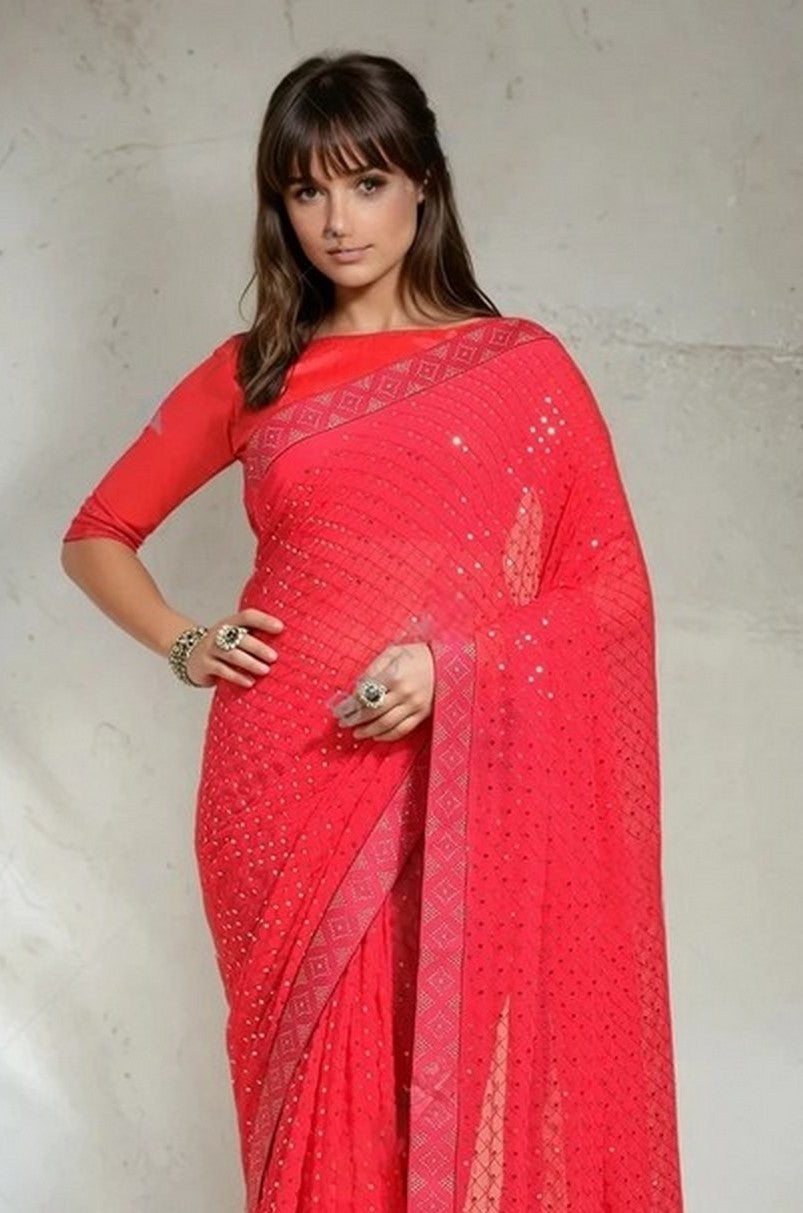 Pink Designer Sequins Embroidery Work Georgette Saree