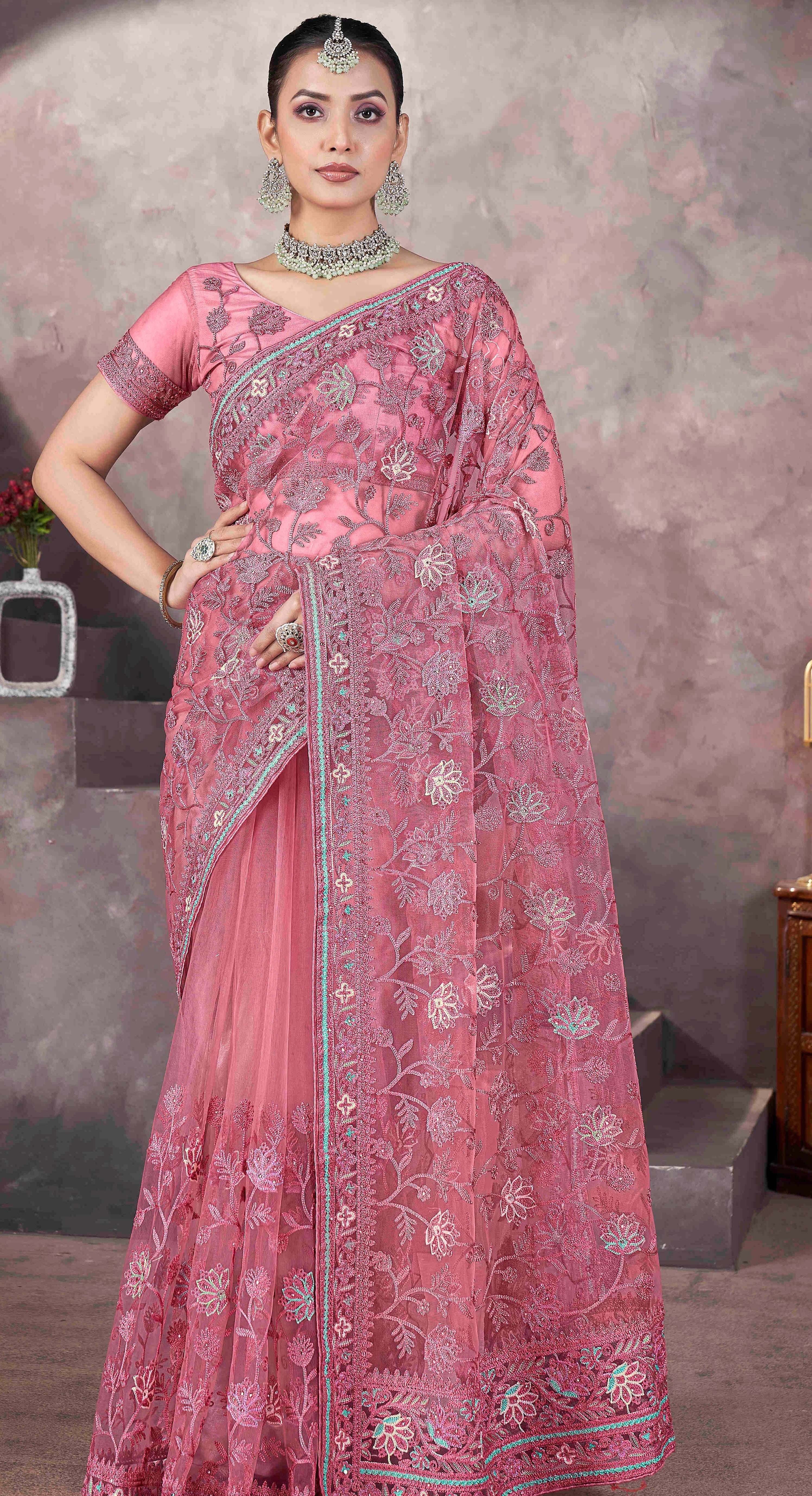 Pink Designer Thread Embroidery Work Butterfly Net Ceremonial Saree
