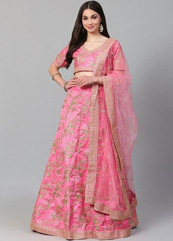 Pink Embroidery Thai Silk Bridal Lehenga Choli