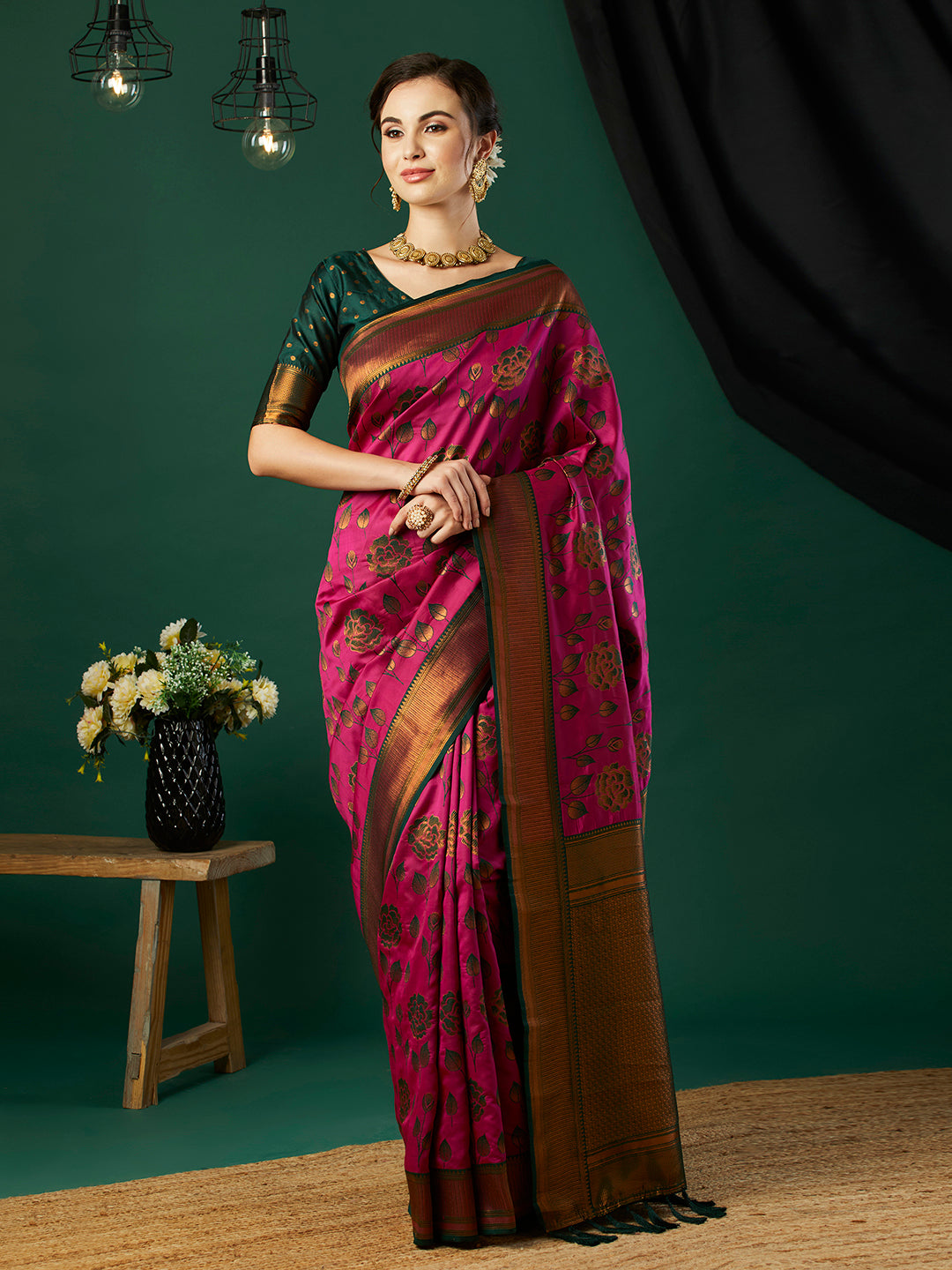 Pink Ethnic Banarasi Silk Saree With Floral Woven Designer Looks