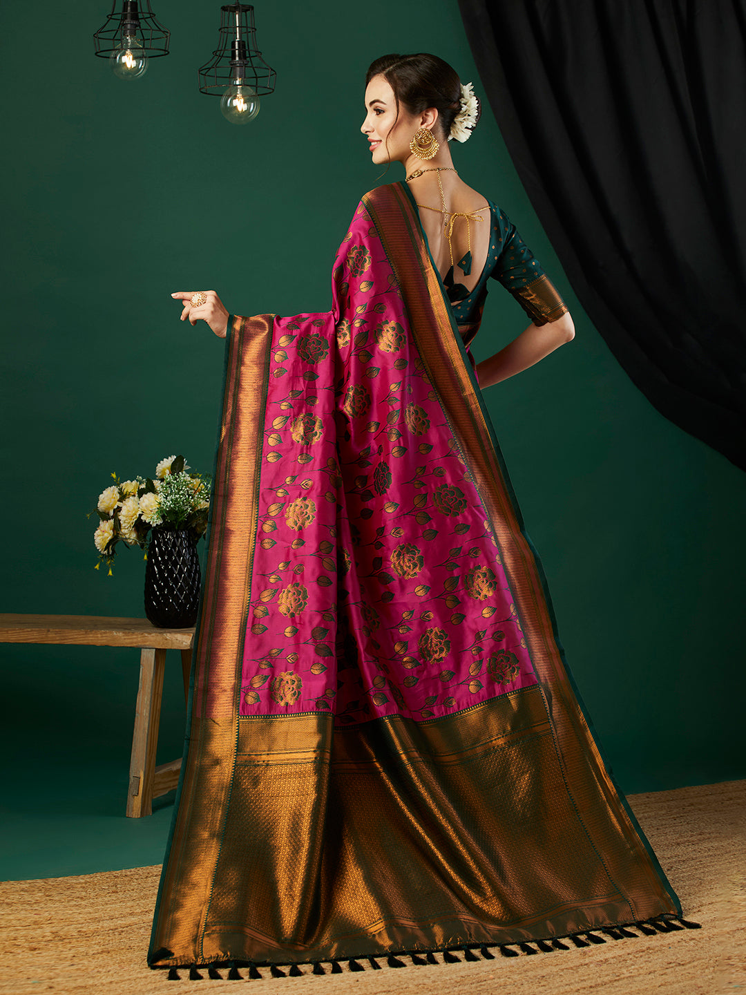 Pink Ethnic Banarasi Silk Saree With Floral Woven Designer Looks