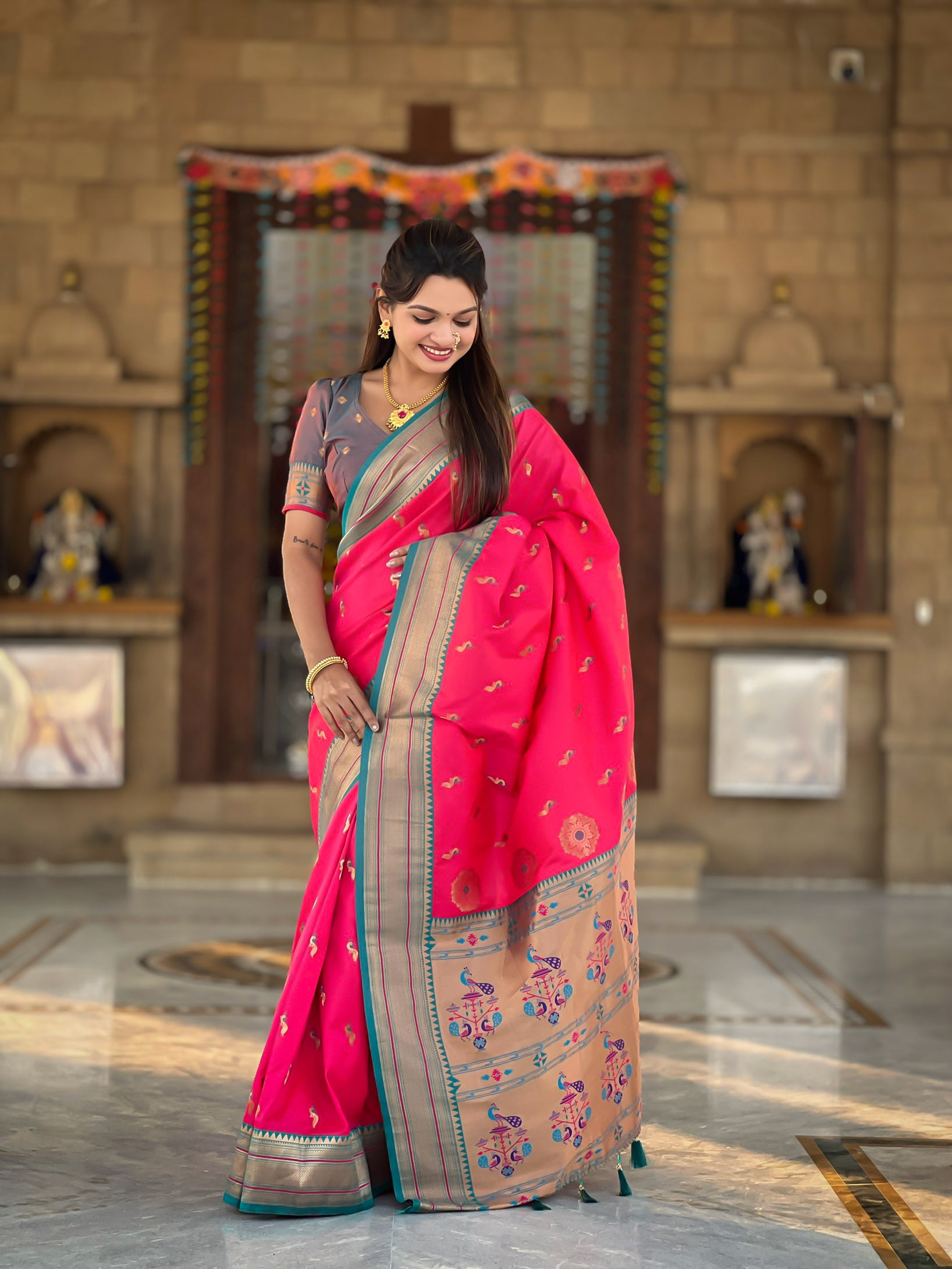 Pink Ethnic Paithani Silk Woven Jacquard Designer Ceremonial Fancy Saree