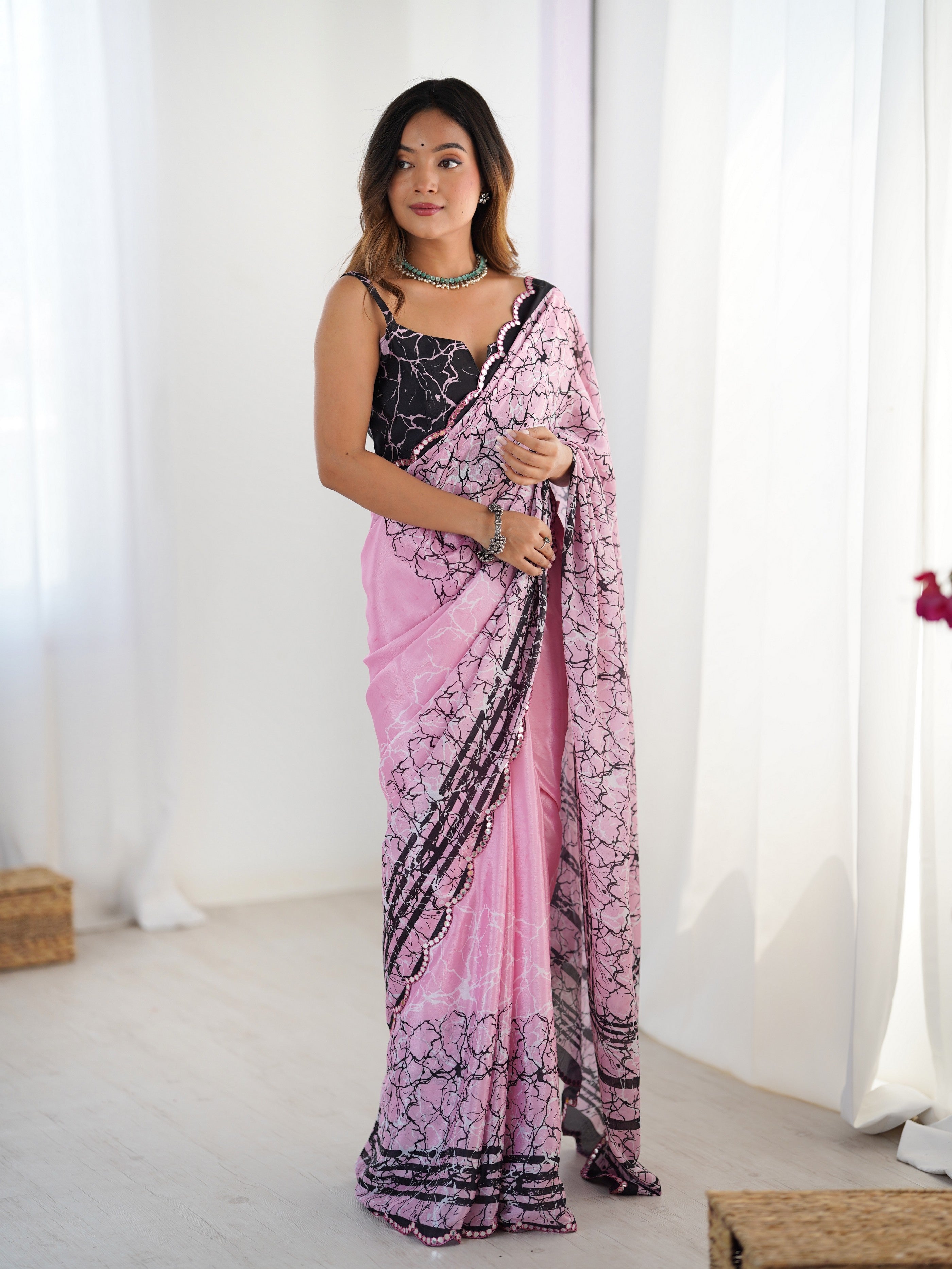 Pink Ethnic Partywear Digital Printed Saree With Stylish Cut Border