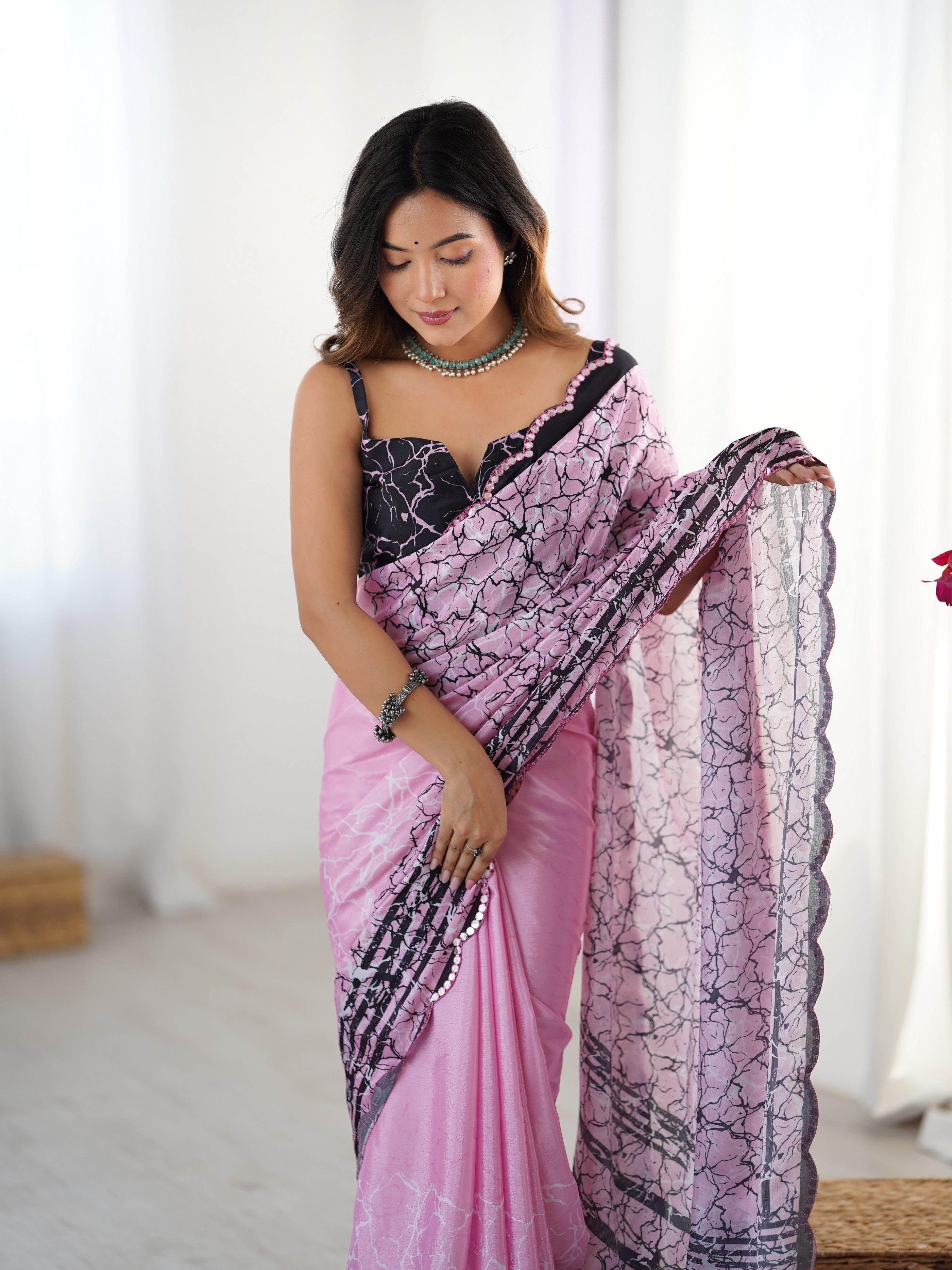 Pink Ethnic Partywear Digital Printed Saree With Stylish Cut Border