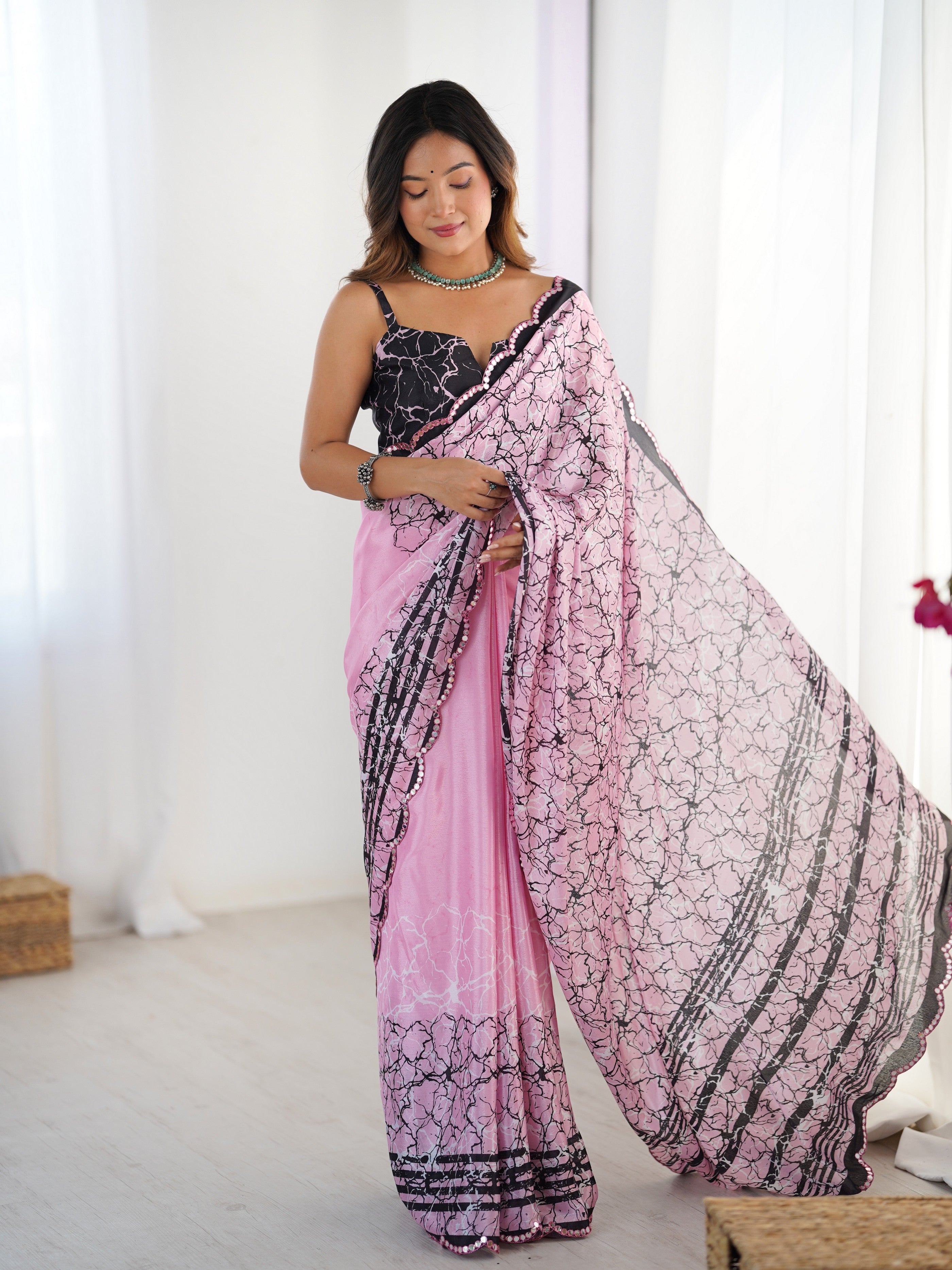 Pink Ethnic Partywear Digital Printed Saree With Stylish Cut Border