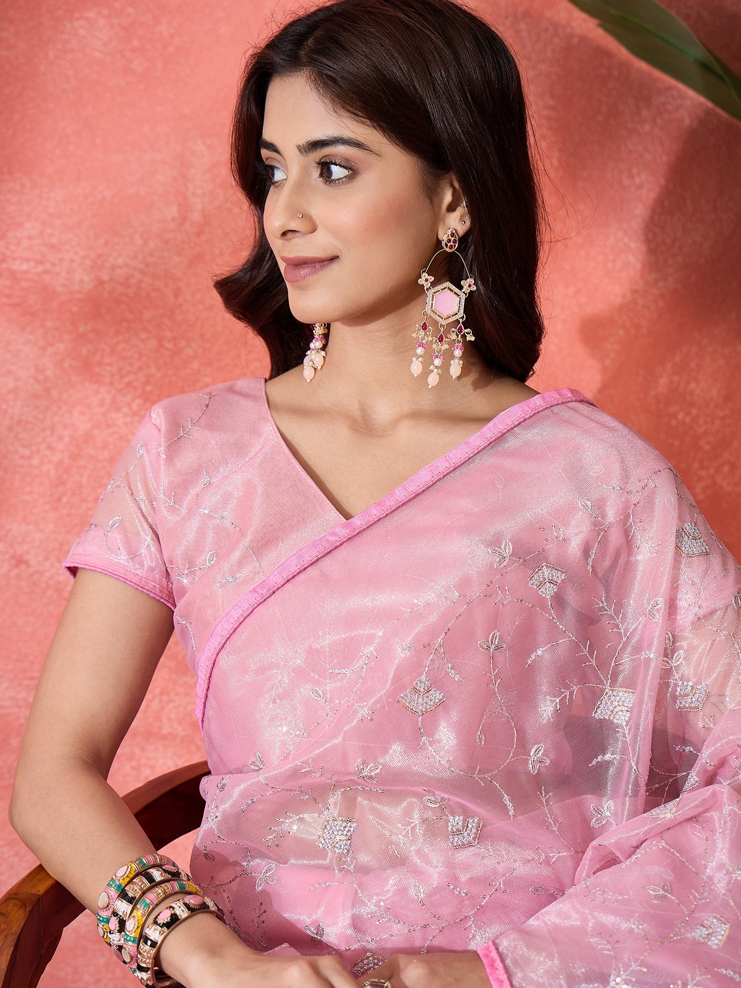 Pink Fancy Twill Net Sequins Embroidery Work Ceremonial Saree
