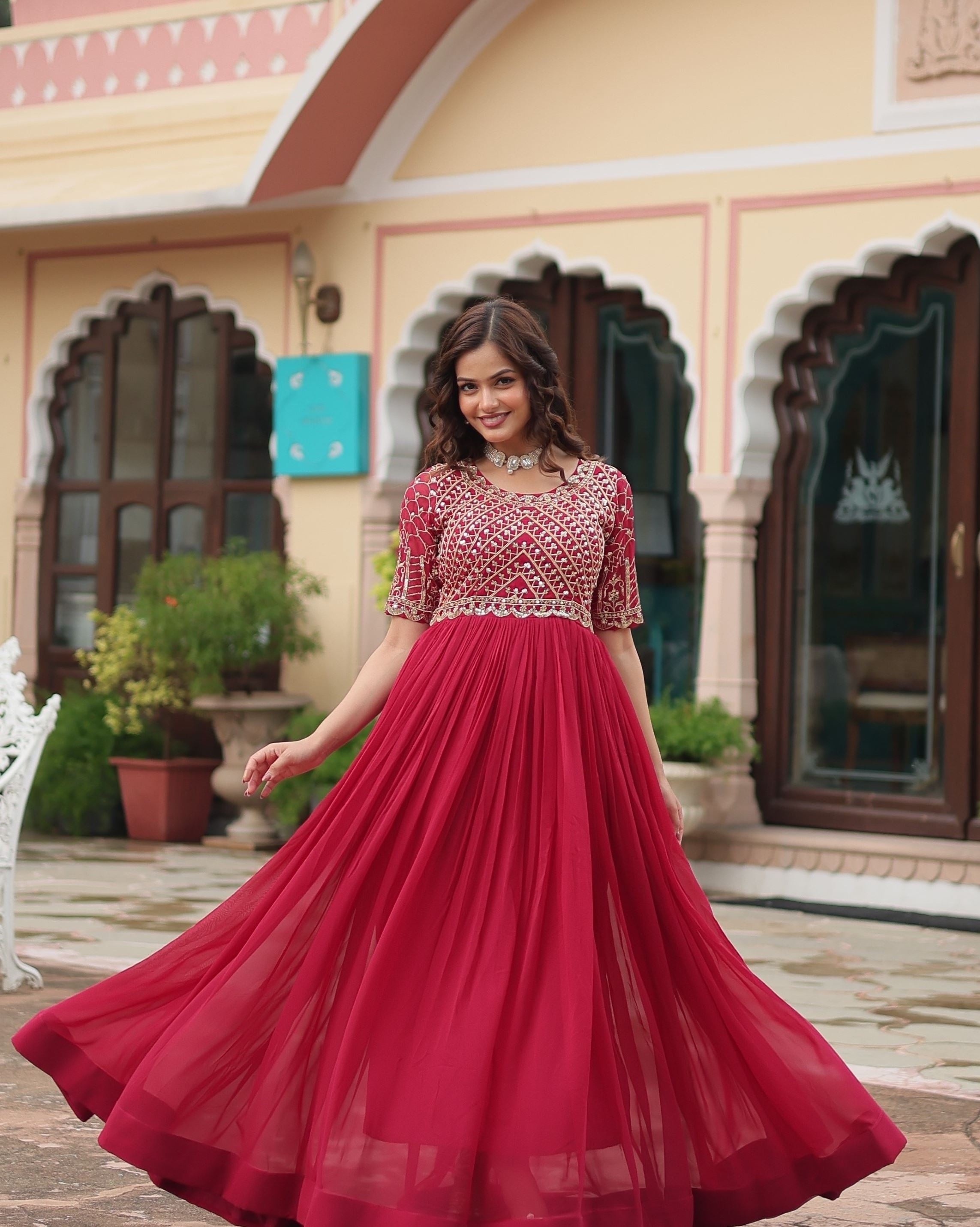 Pink Faux Blooming Gown With Embroidery Zari Sequins-work
