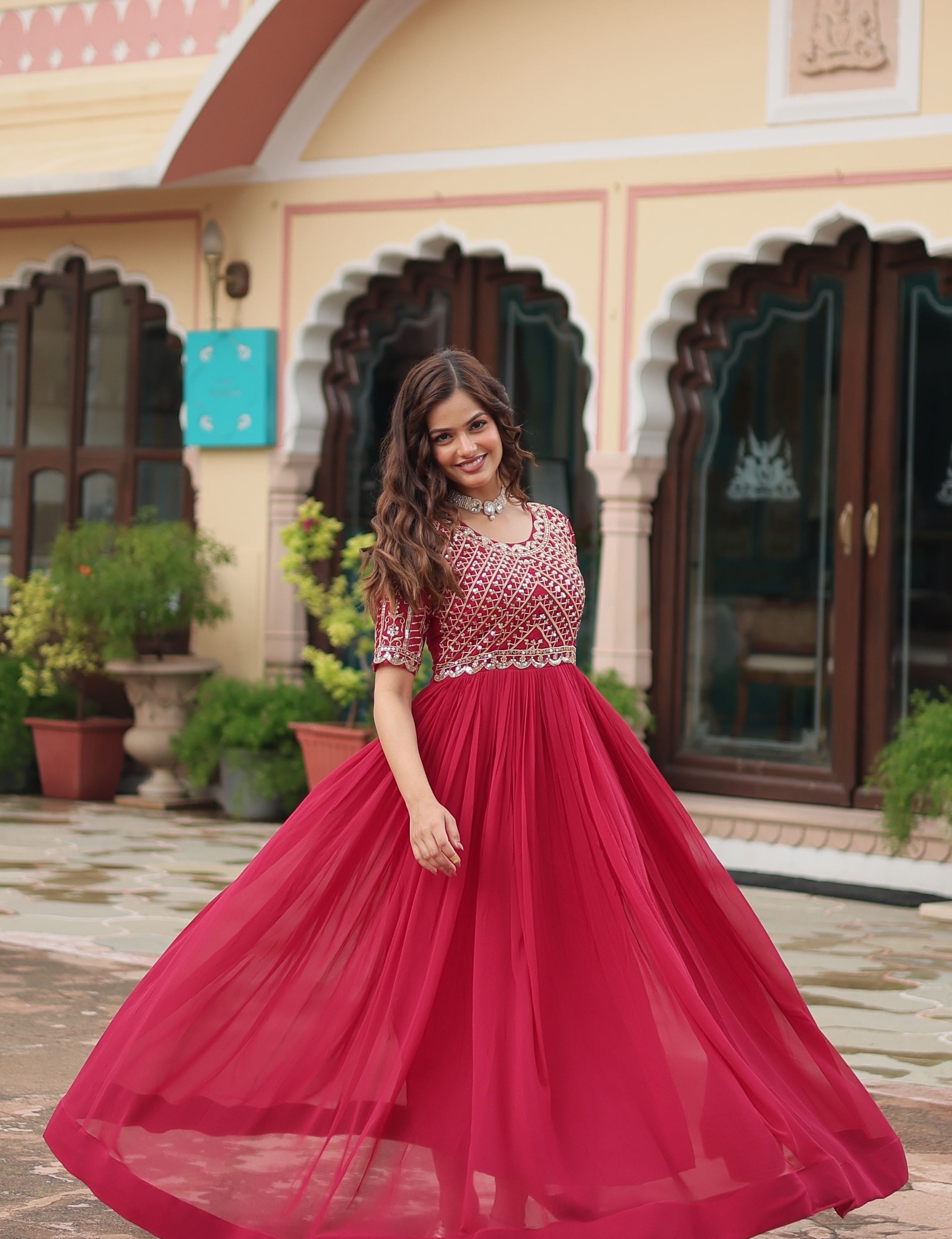 Pink Faux Blooming Gown With Embroidery Zari Sequins-work