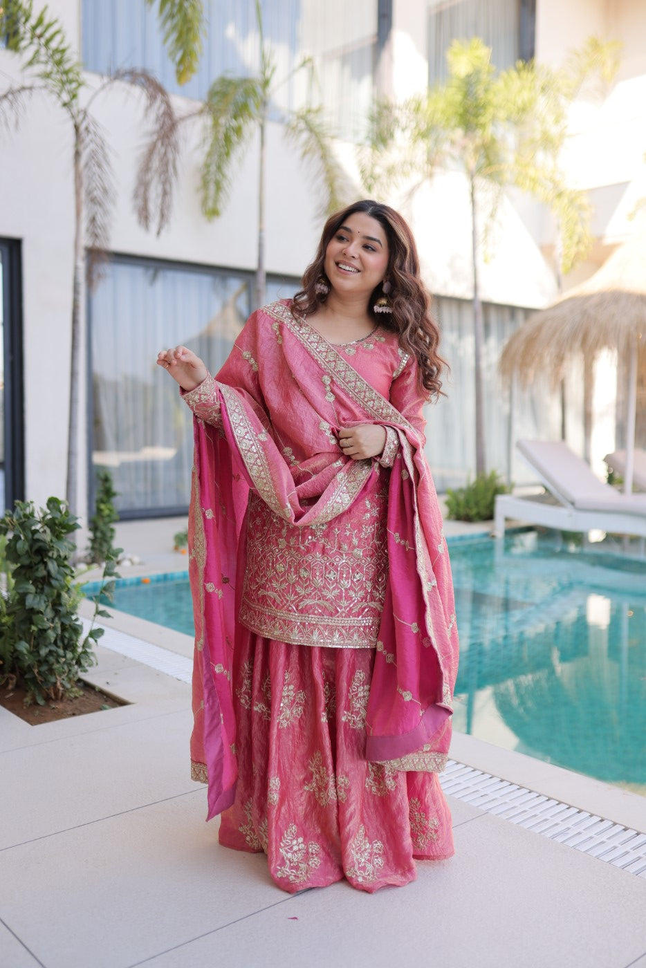 Pink Fendi Crush Designer Suit Set With Zari & Sequin Embroidery