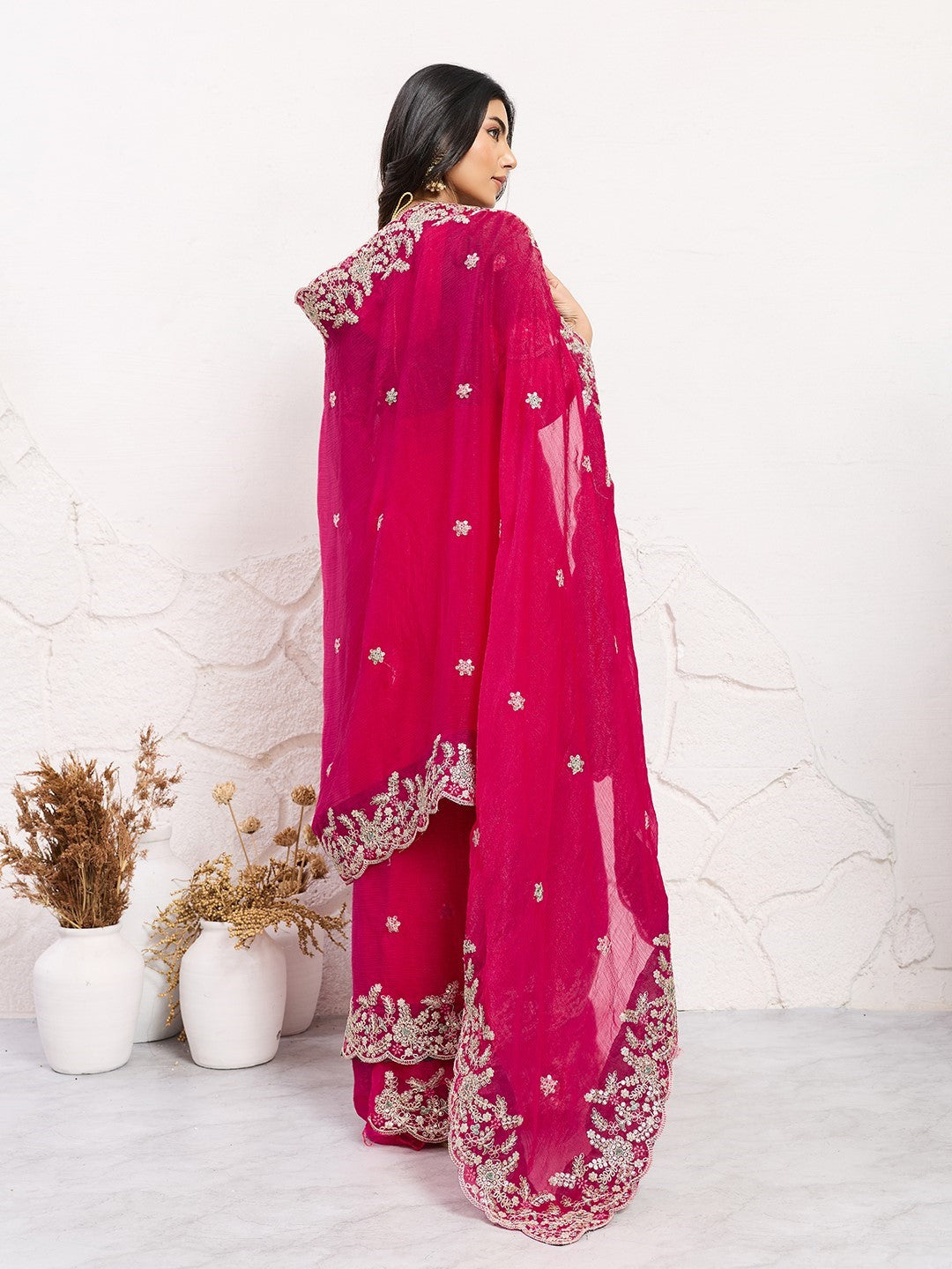 Pink Fendy Chiffon Saree With Embroidery Elegant Premium Saree