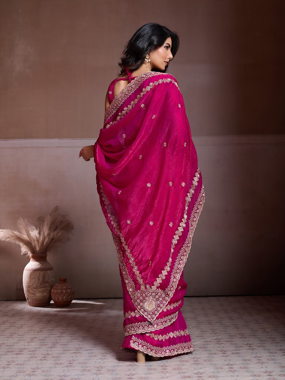 Pink Fendy Chiffon Saree With Embroidery Festive Premium Saree