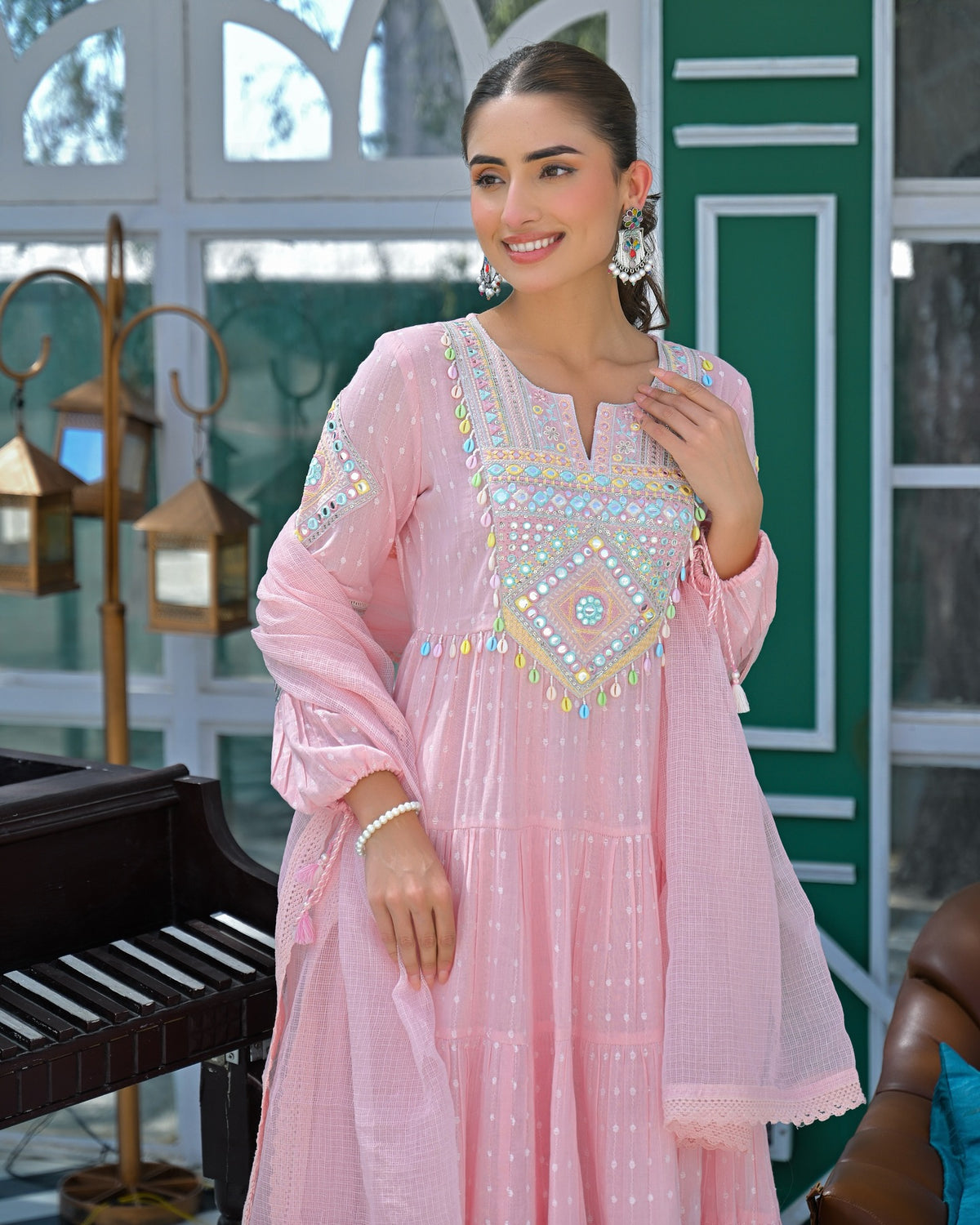 Pink Flex Butti Cotton Kurta Pant Set With Heavy Thread Embroidery Work With Hand Kodi Lace