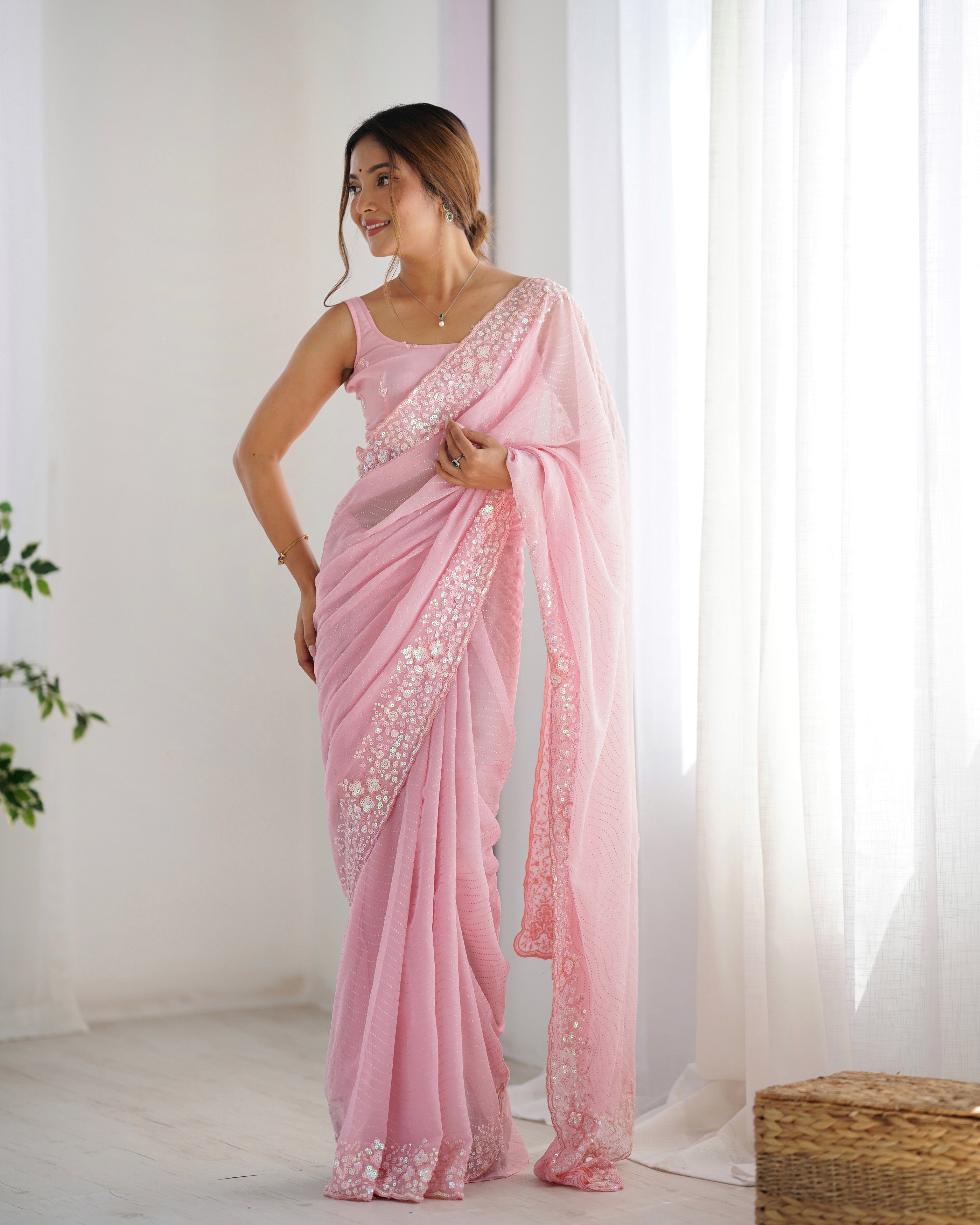 Pink Georgette Beautiful Partywear Embroidered Saree