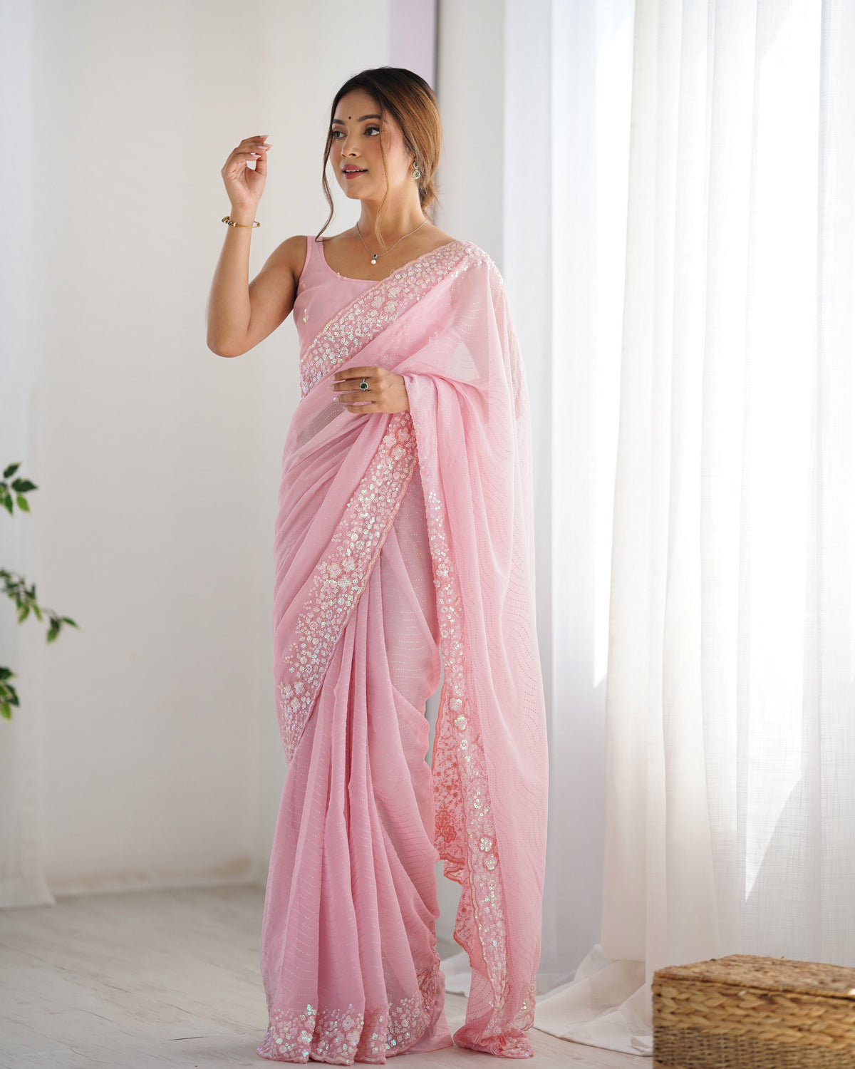 Pink Georgette Beautiful Partywear Embroidered Saree