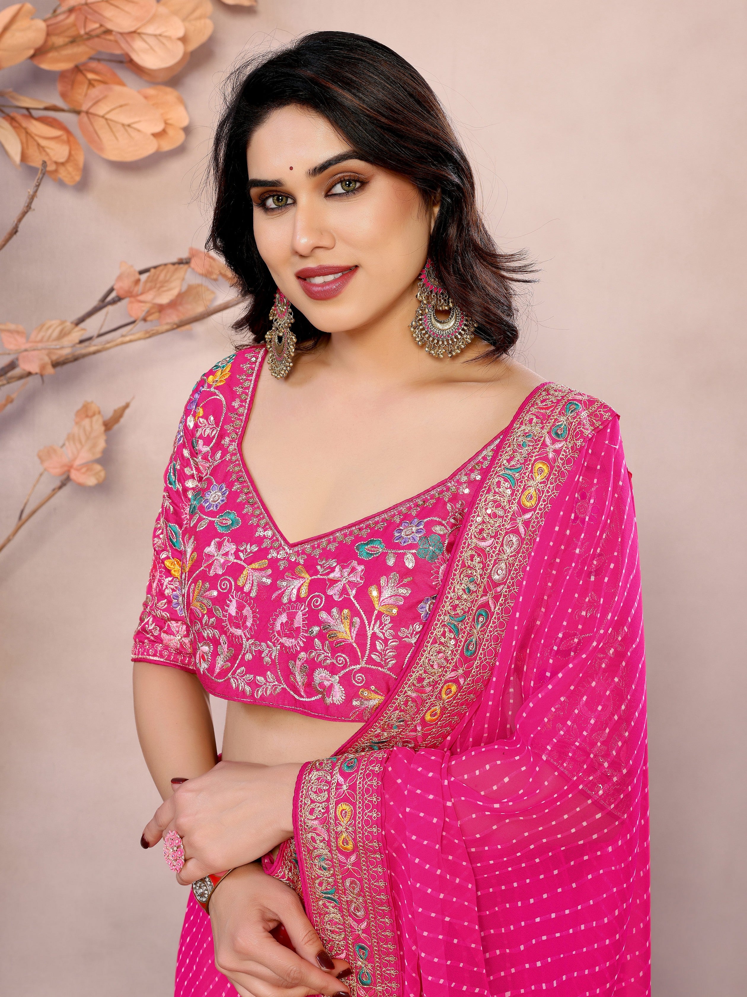 Pink Georgette Designer Embroidered Traditional Leheria Saree