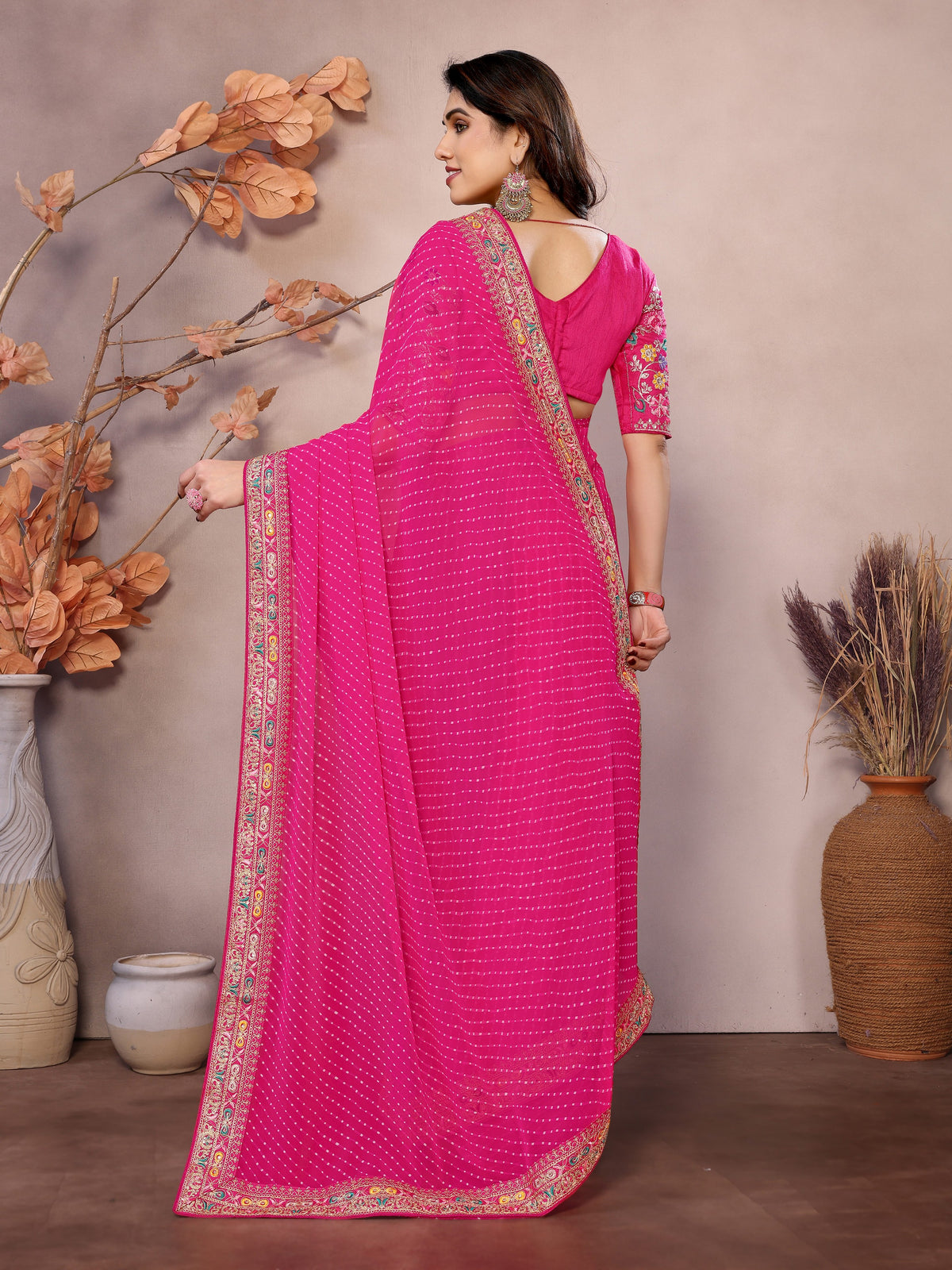 Pink Georgette Designer Embroidered Traditional Leheria Saree