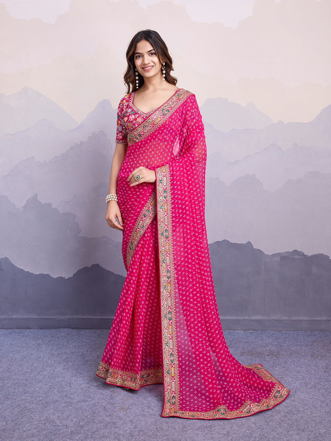 Pink Georgette Designer Partywear Bandhej Saree