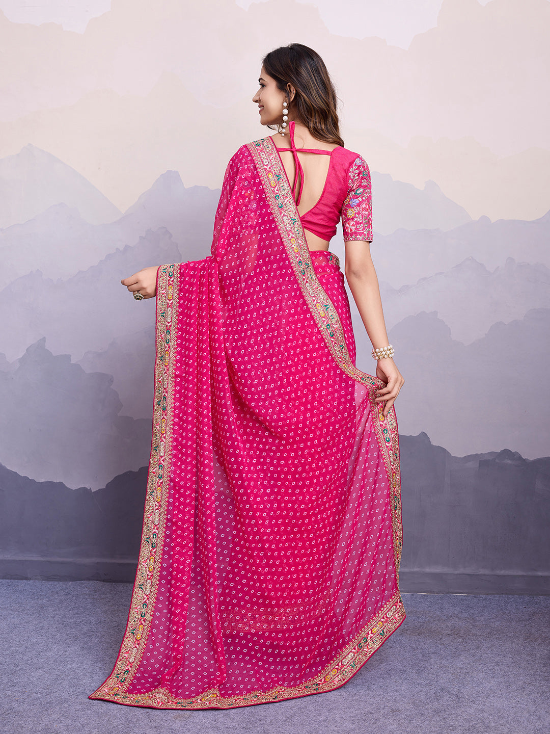 Pink Georgette Designer Partywear Bandhej Saree