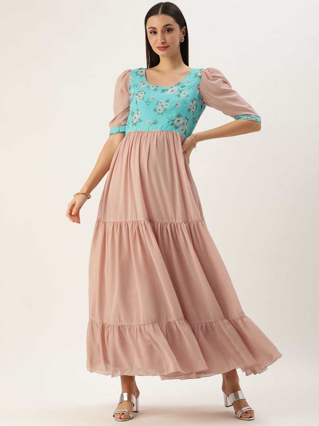 Pink Georgette Dress & Gown with Plain with Floral Print