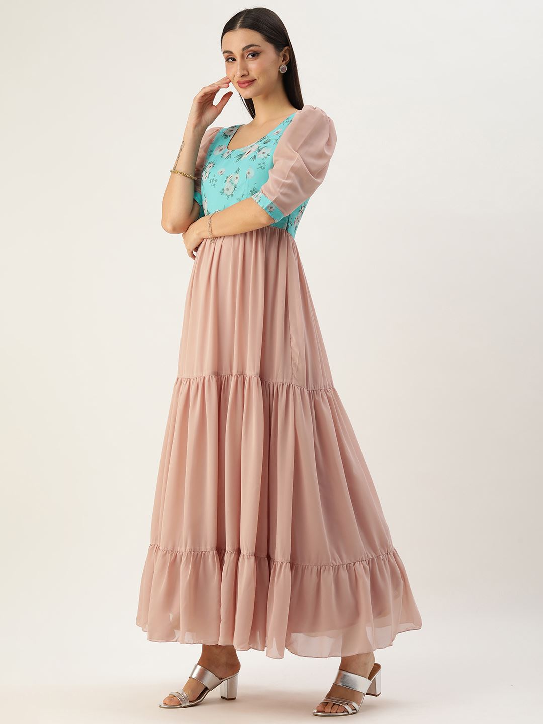 Pink Georgette Dress & Gown with Plain with Floral Print