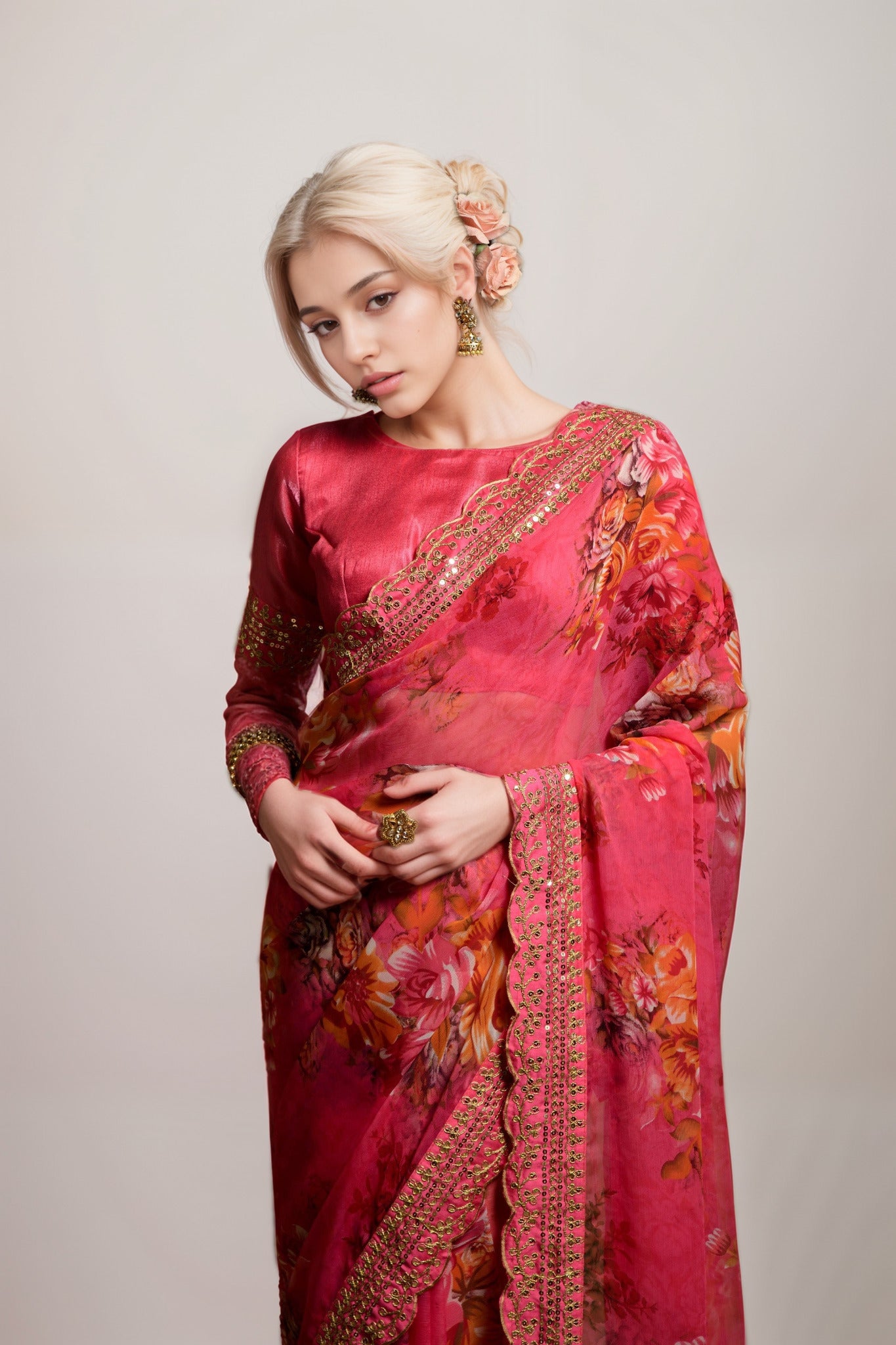 Pink Georgette Floral Printed With Embroidered Border Saree