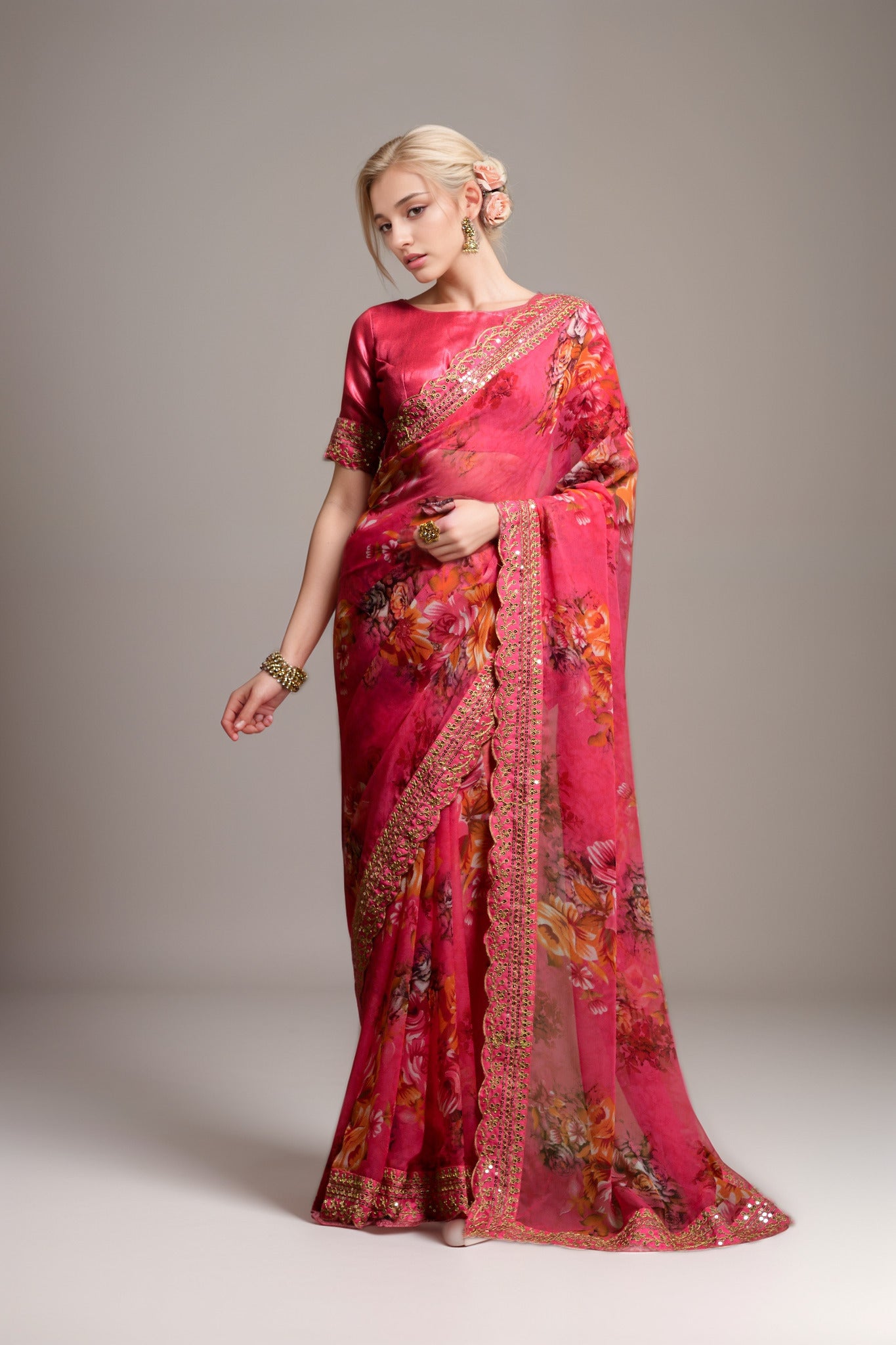 Pink Georgette Floral Printed With Embroidered Border Saree
