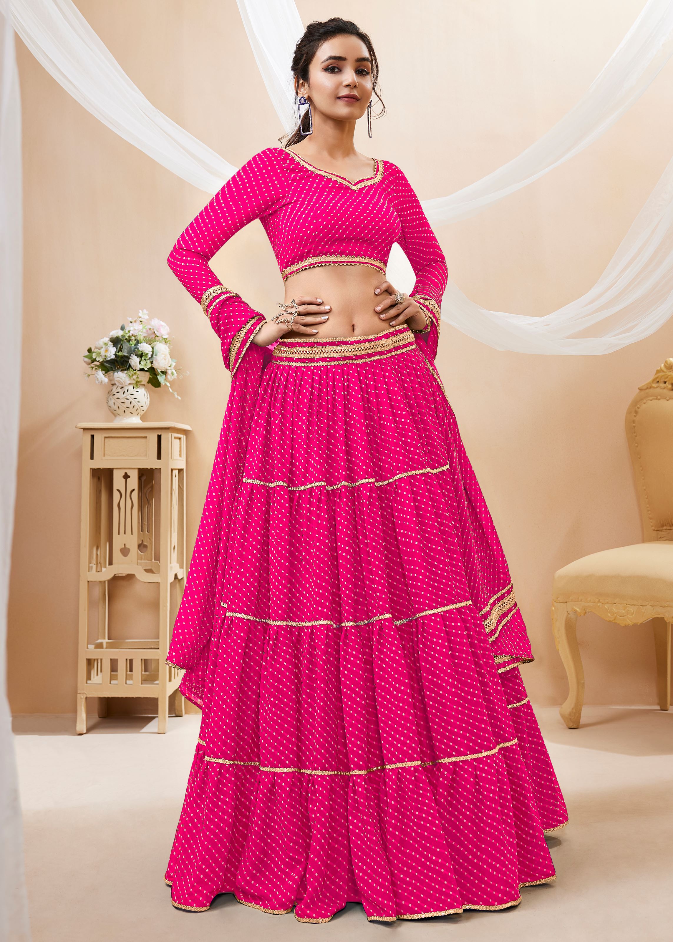 Pink Georgette Lehenga Choli With Georgette Leheriya Printed with lace all over work