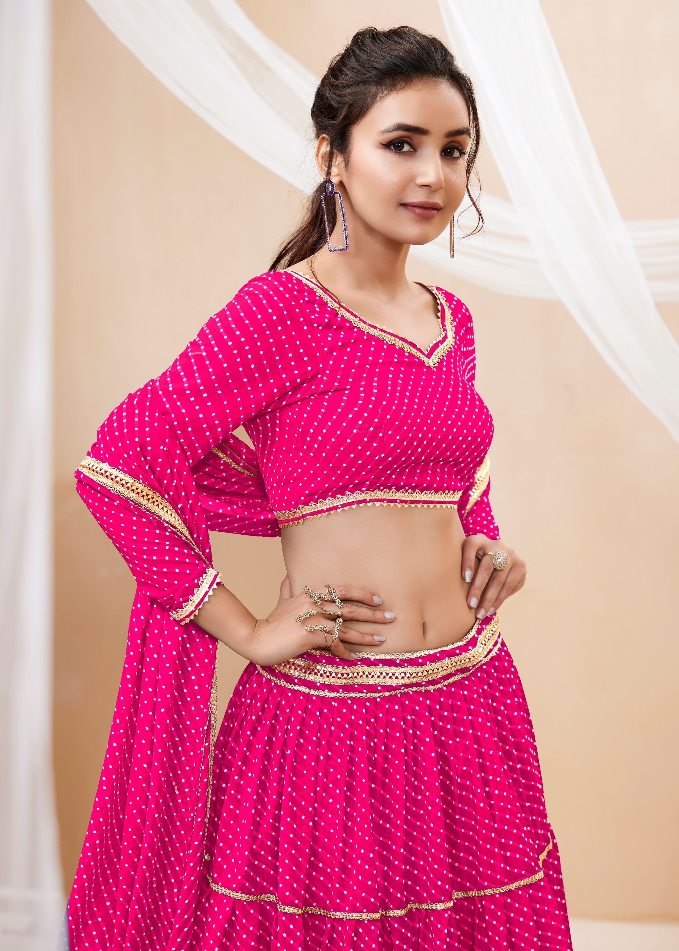 Pink Georgette Lehenga Choli With Georgette Leheriya Printed with lace all over work
