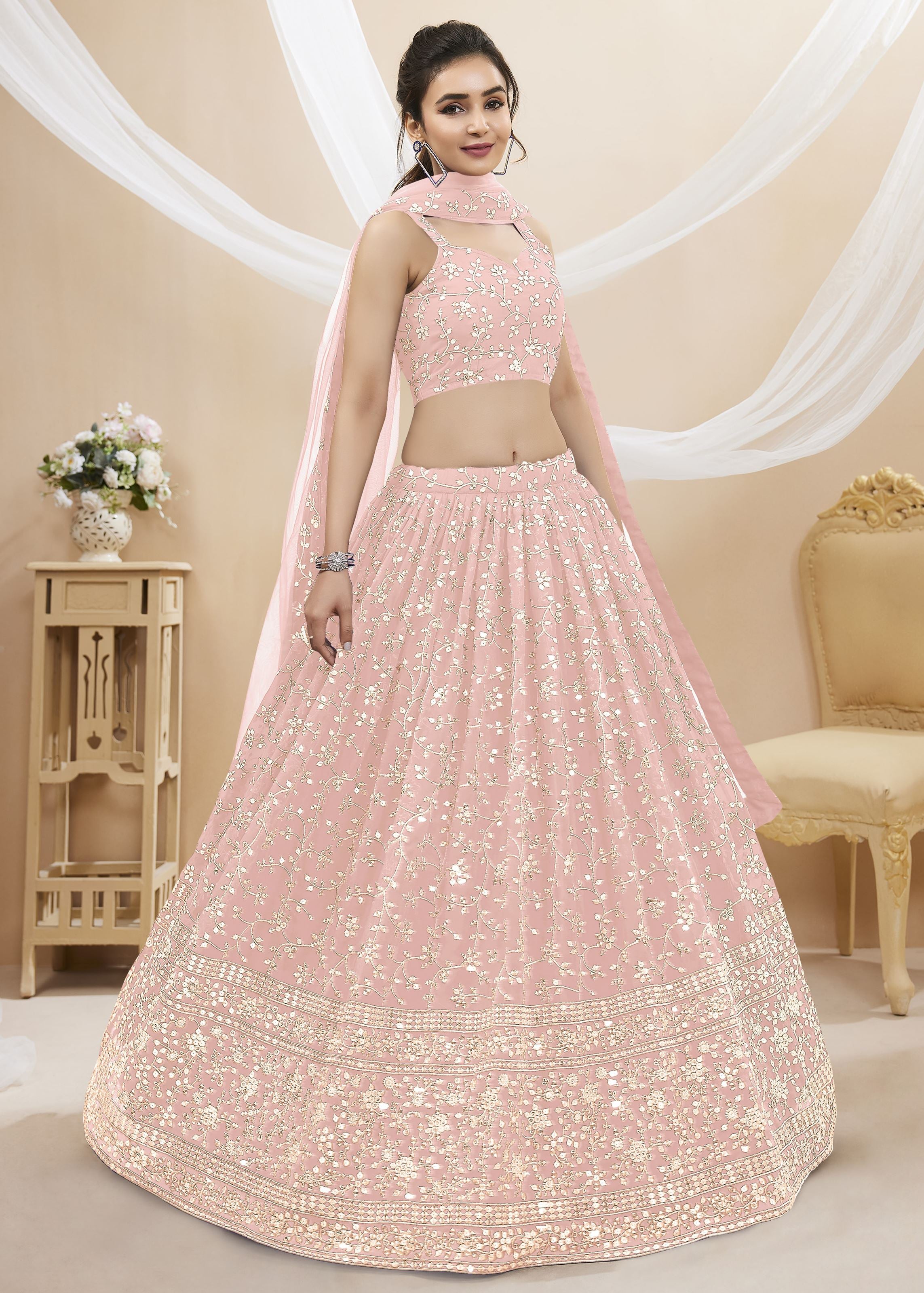 Pink Georgette Lehenga Choli With Sequins Zari Embroidered Work