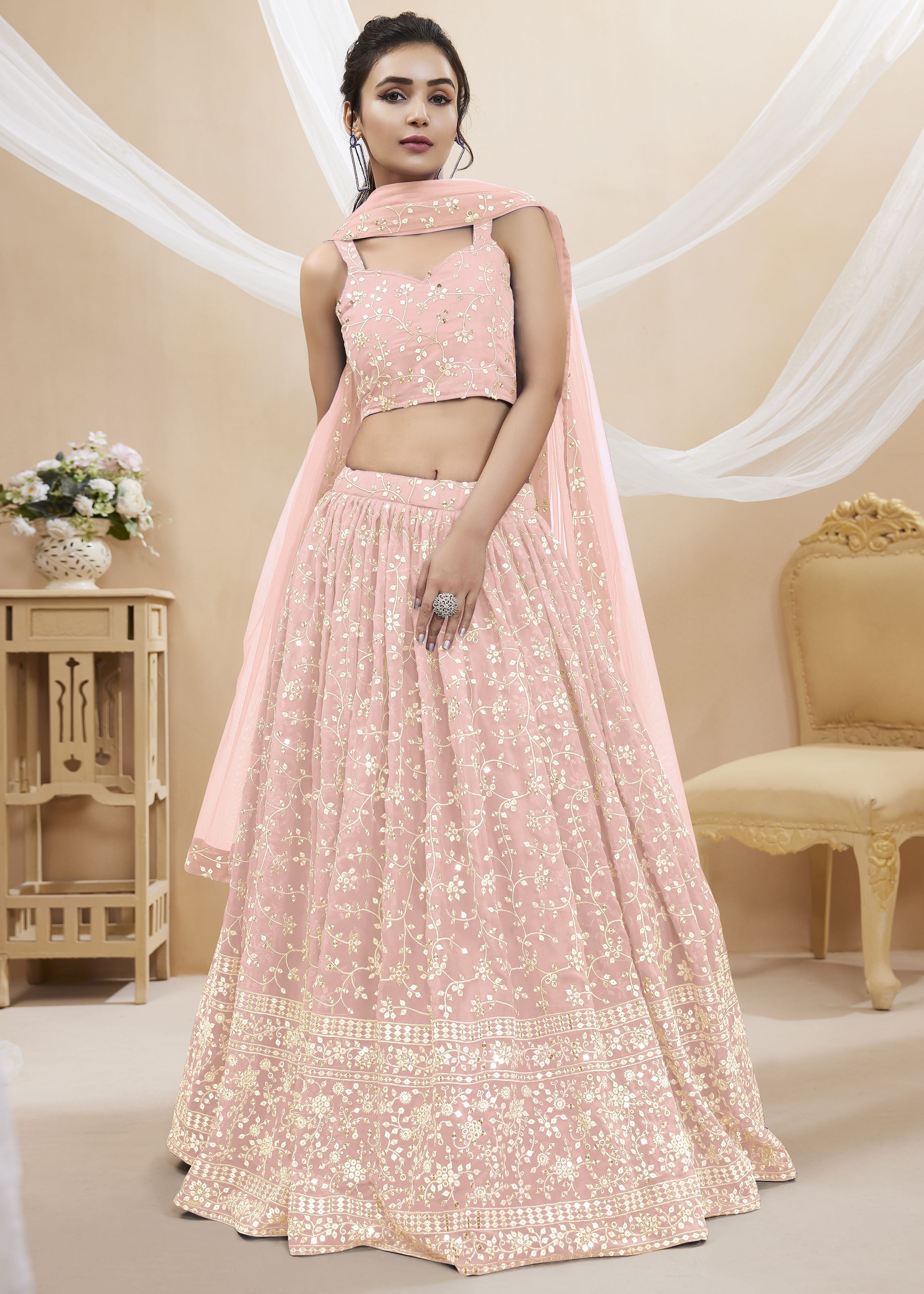 Pink Georgette Lehenga Choli With Sequins Zari Embroidered Work