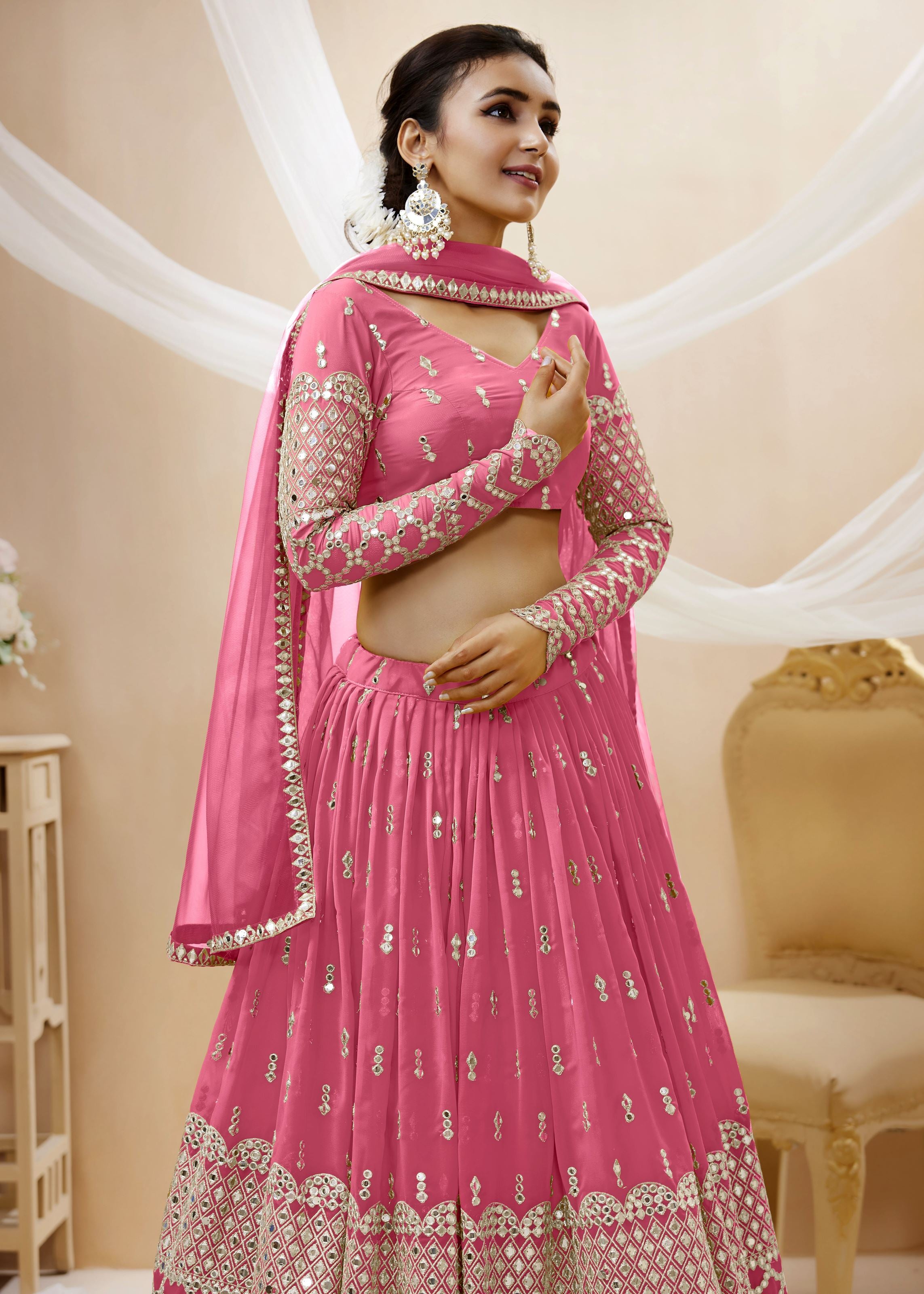 Pink Georgette Lehenga Choli With Sequins Zari Embroidered Work
