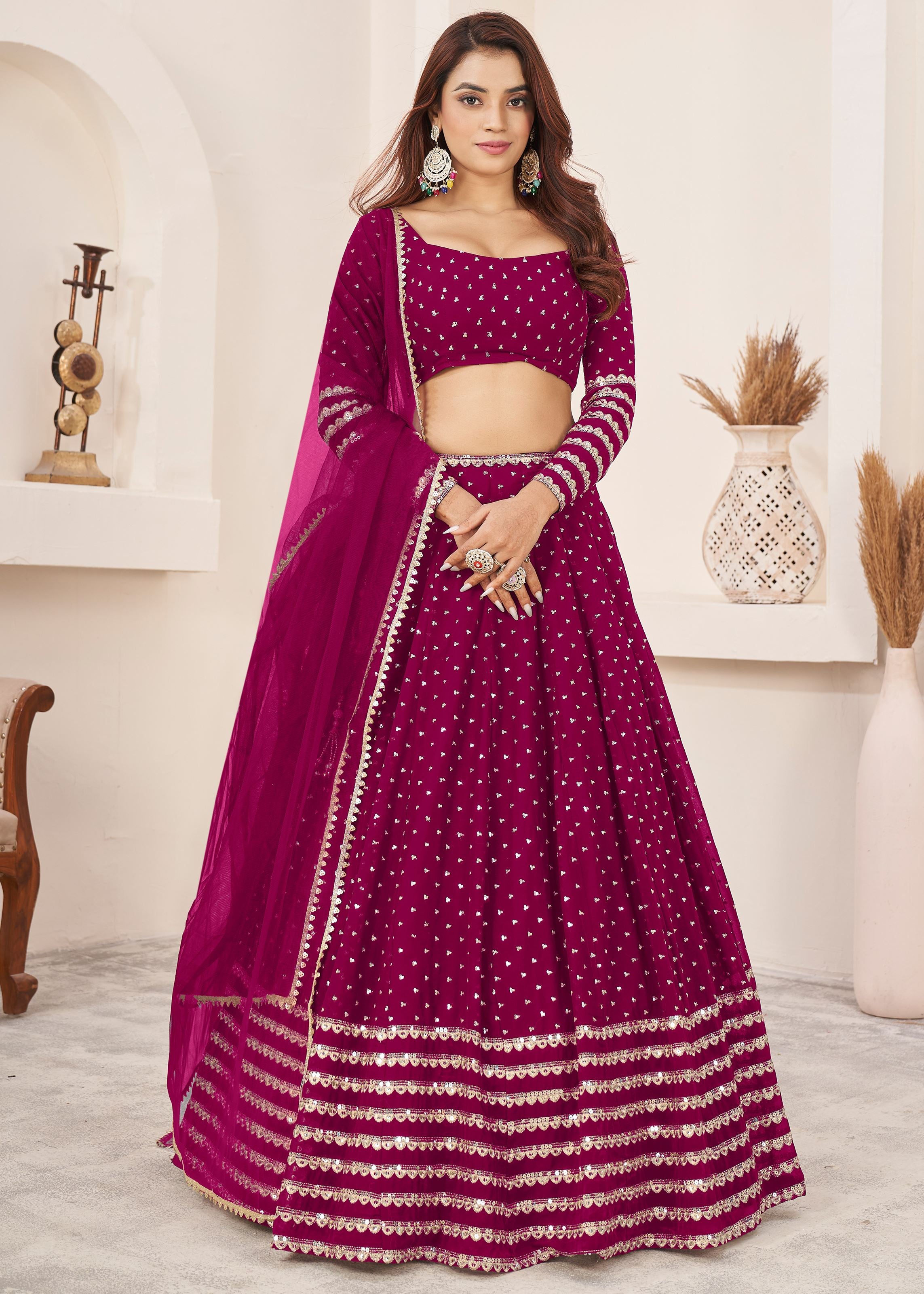 Pink Georgette Lehenga Choli With Sequins Zari Embroidered Work