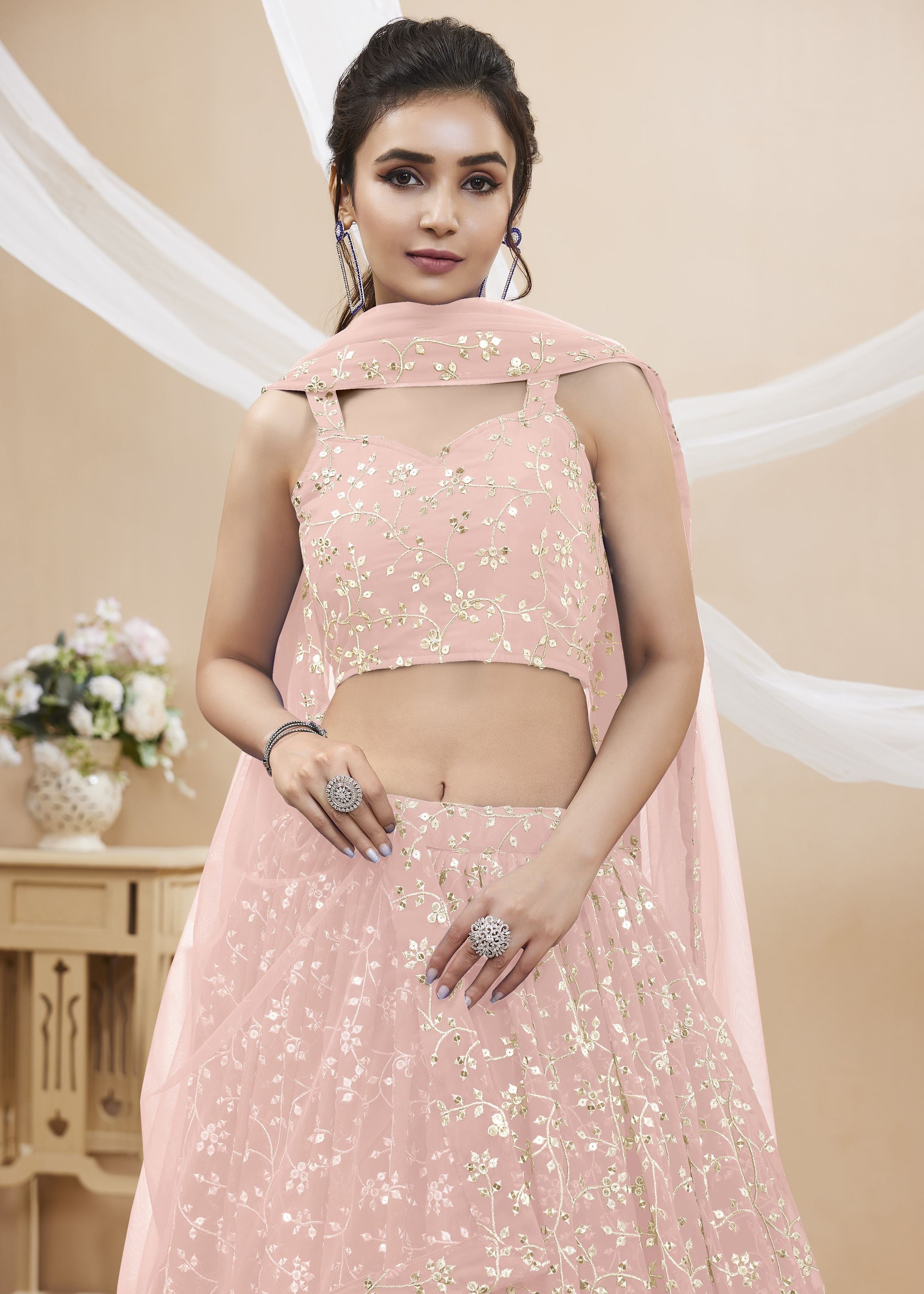 Pink Georgette Lehenga Choli With Sequins Zari Embroidered Work