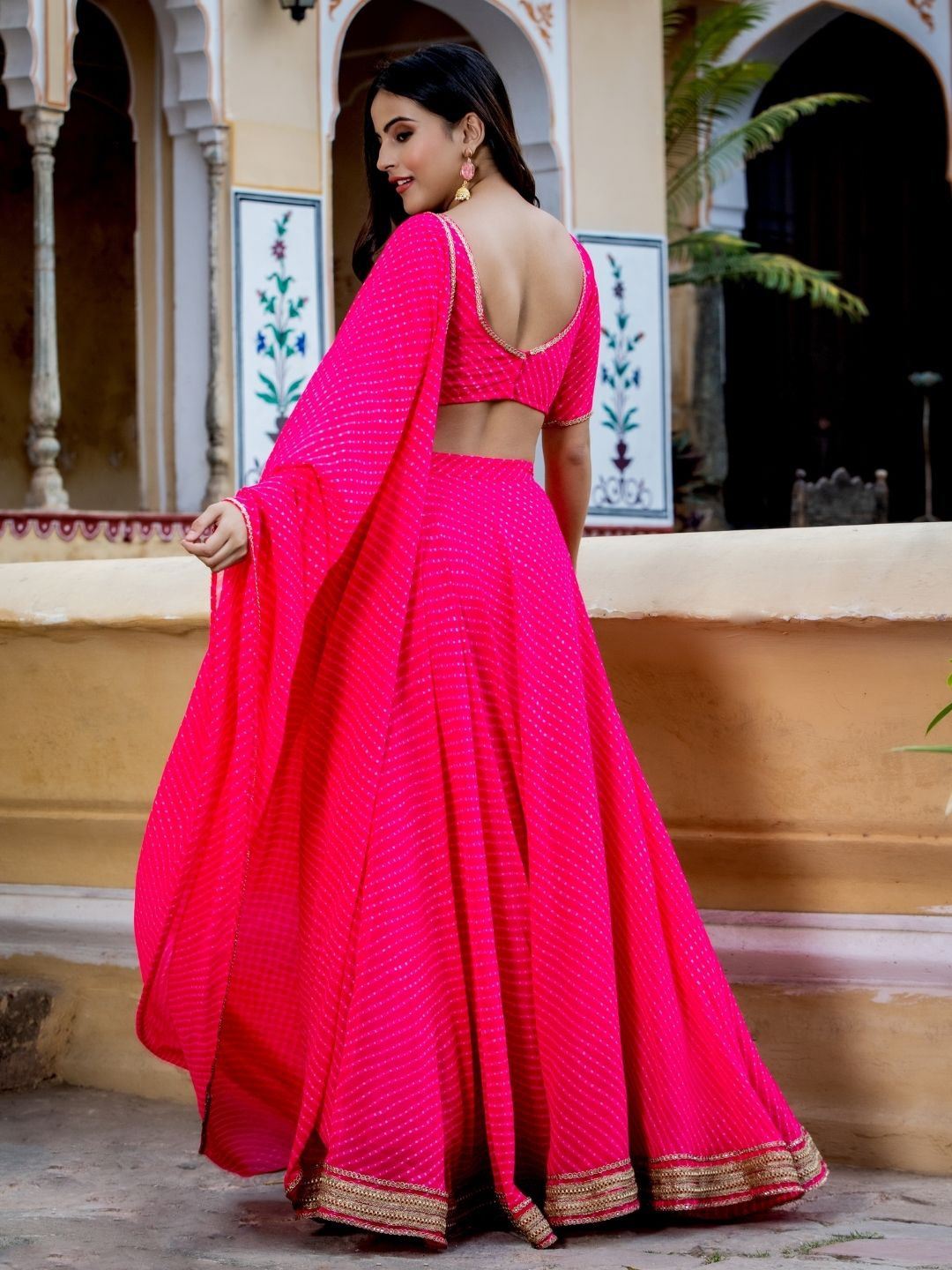 Pink Georgette Lehenga Choli With Zari,Cording Lace work and Leheriya Print
