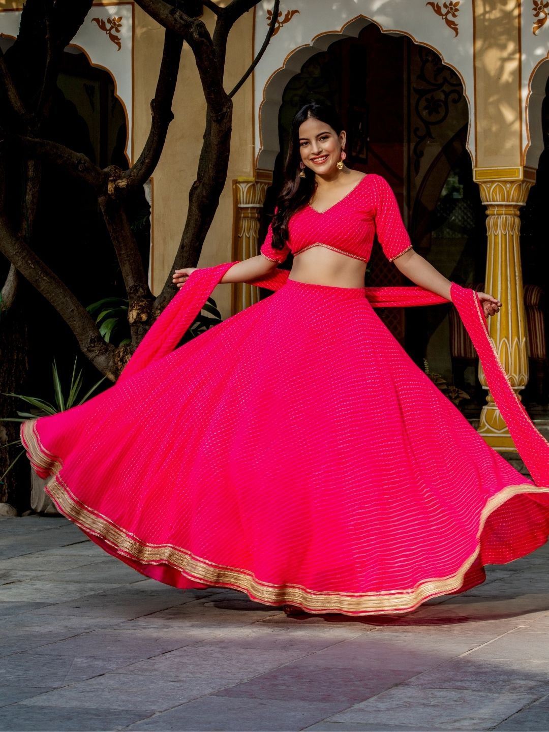 Pink Georgette Lehenga Choli With Zari,Cording Lace work and Leheriya Print