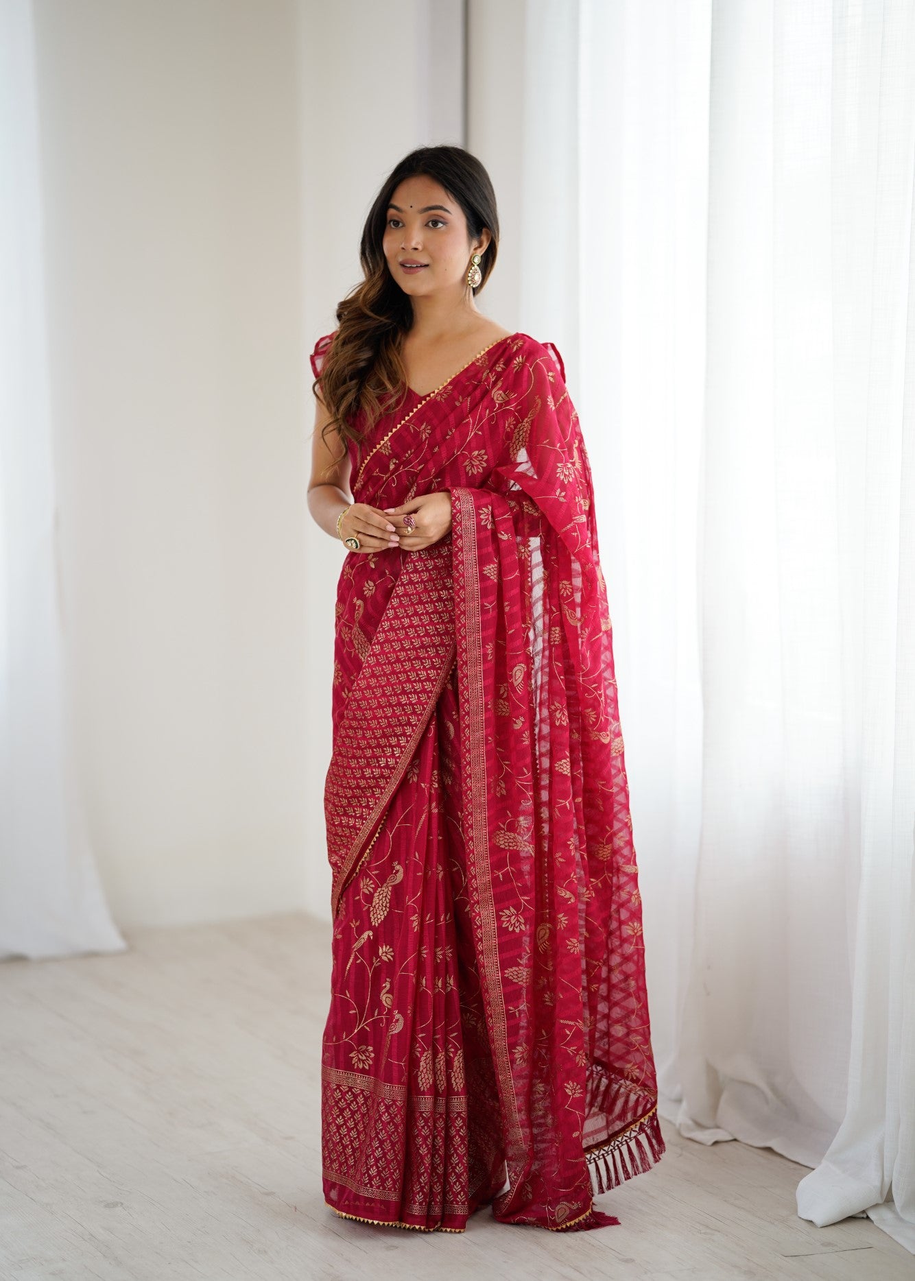 Pink Georgette Patta Saree With Foil Work And Lace Border