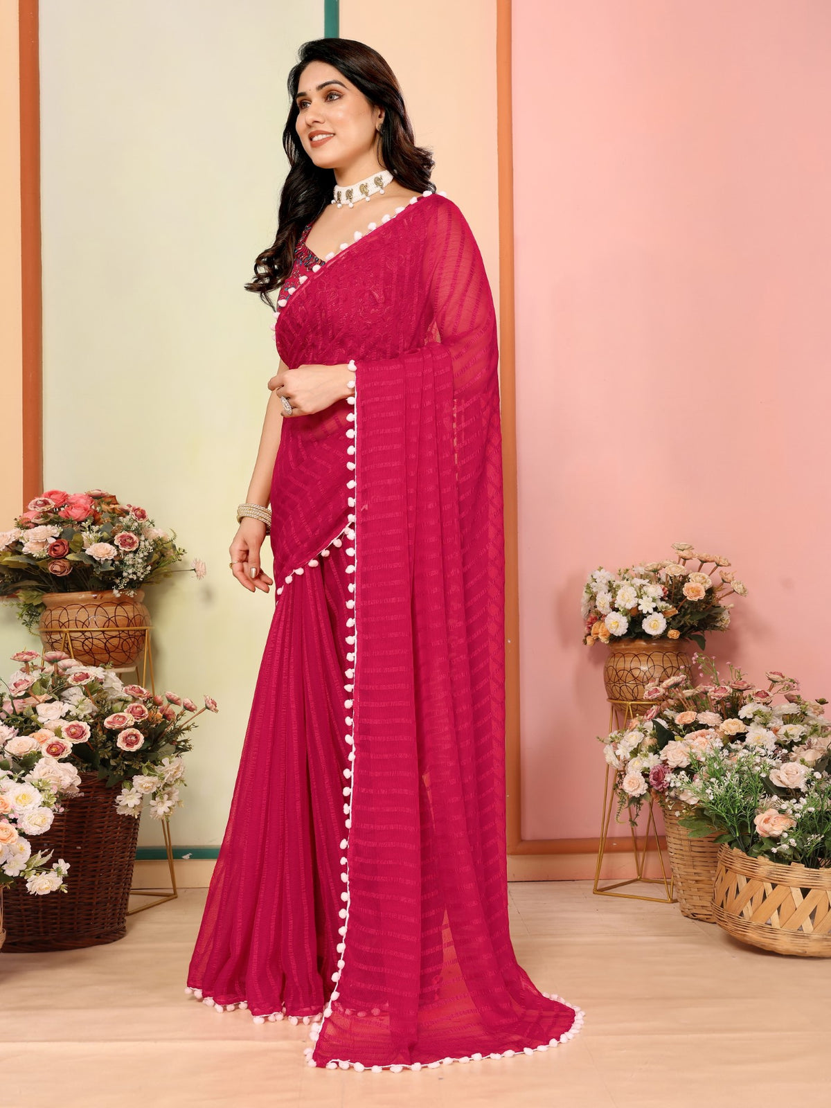 Pink Georgette Patta Saree With Plain Saree With Digital Print Blouse