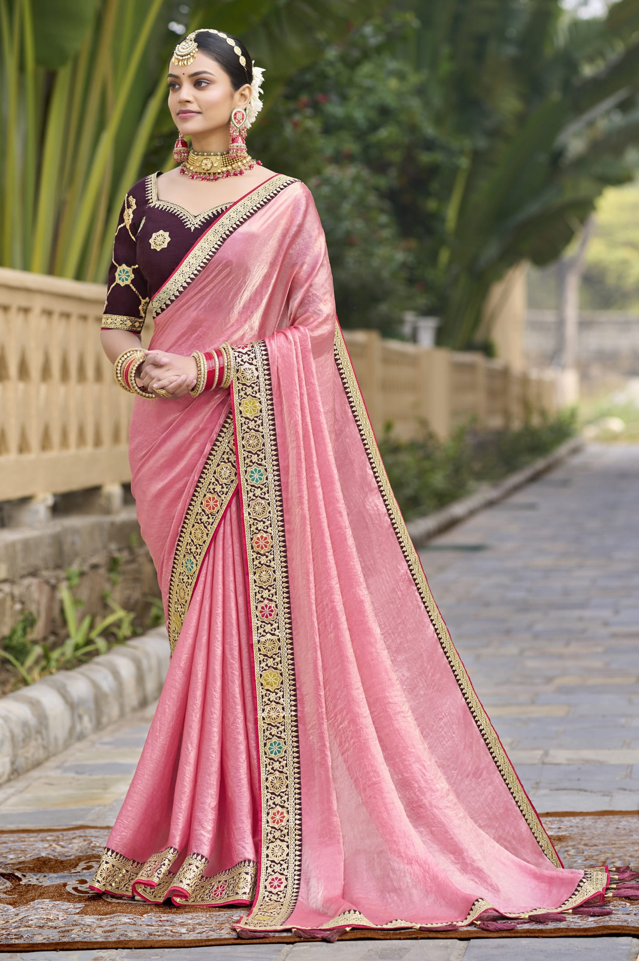 Pink Georgette Plain Saree With Embroidered Lace Border