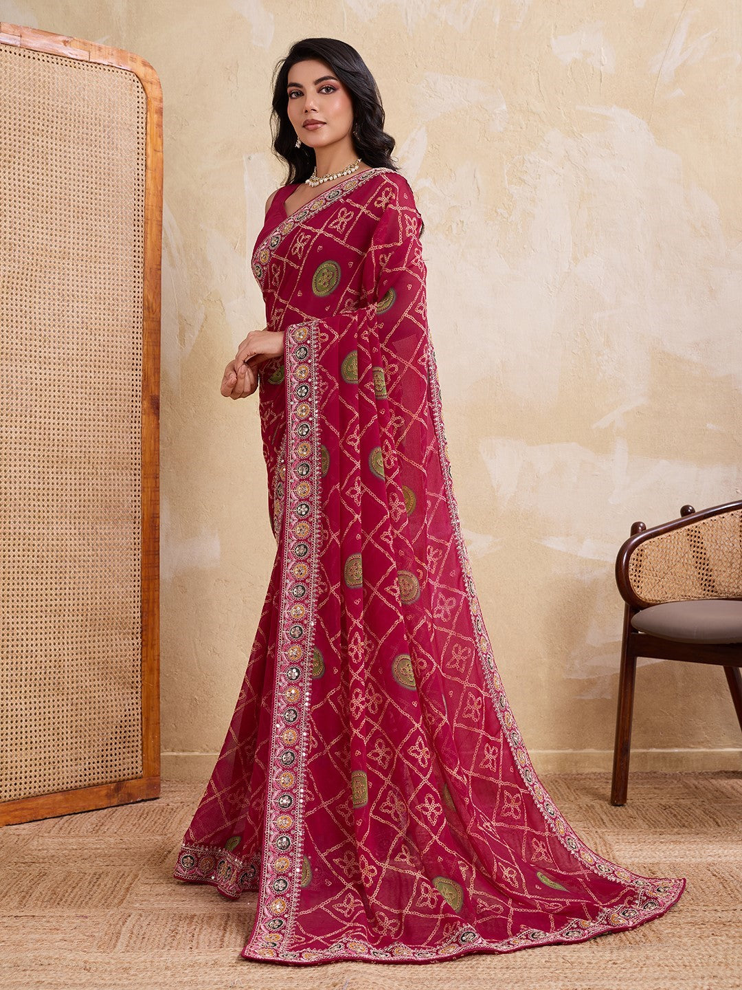 Pink Georgette Saree With Embroidery Festive Elegant Saree