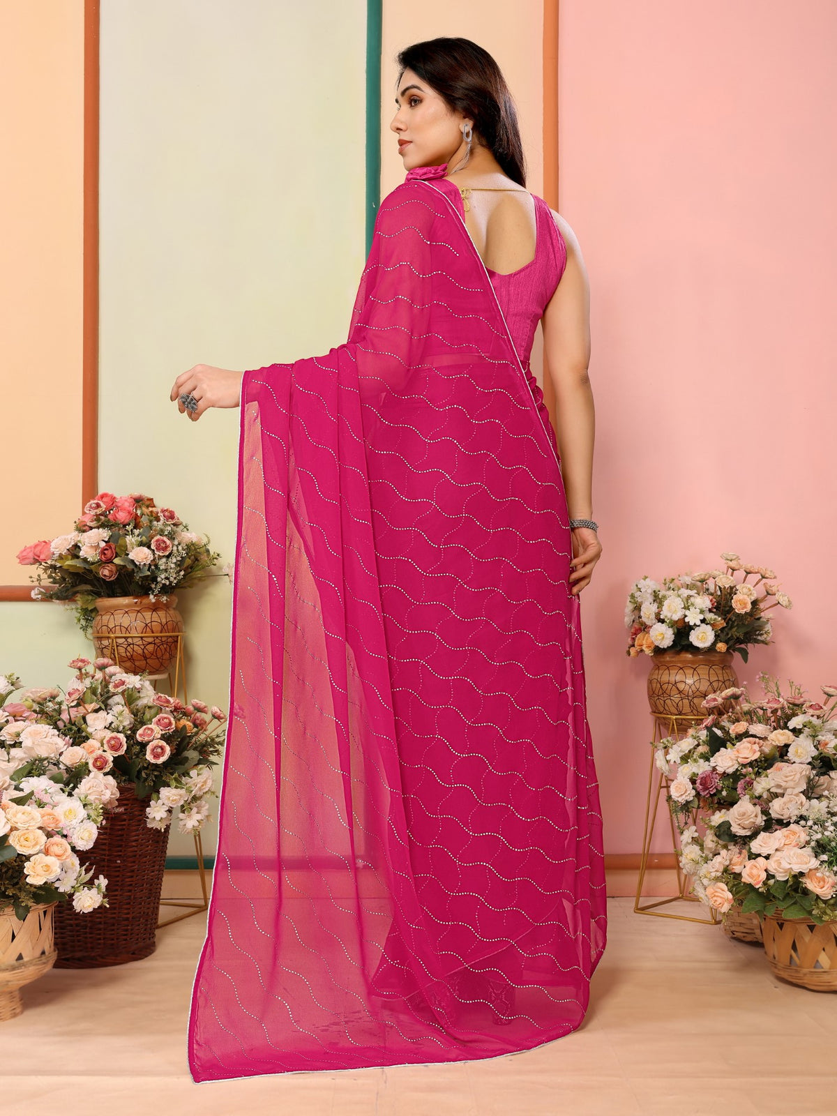 Pink Georgette Saree With Mukesh Work Saree