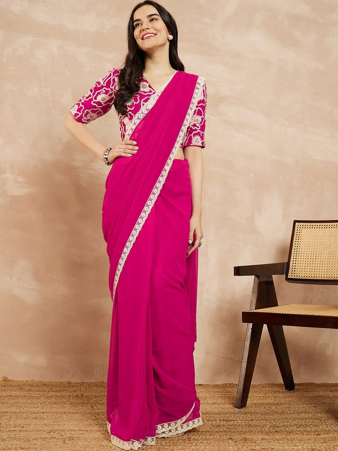 Pink Georgette Saree With Plain Saree With Embroidery Cut Work Lace With Embroidery Work Blouse