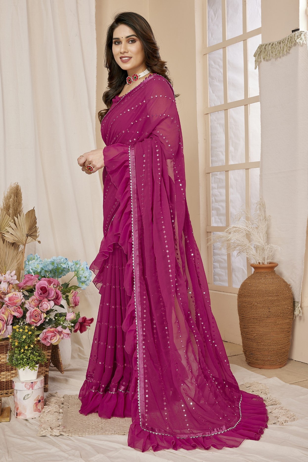 Pink Georgette Saree With Ruffle Saree With Mirror Work With Mirror Work Blouse