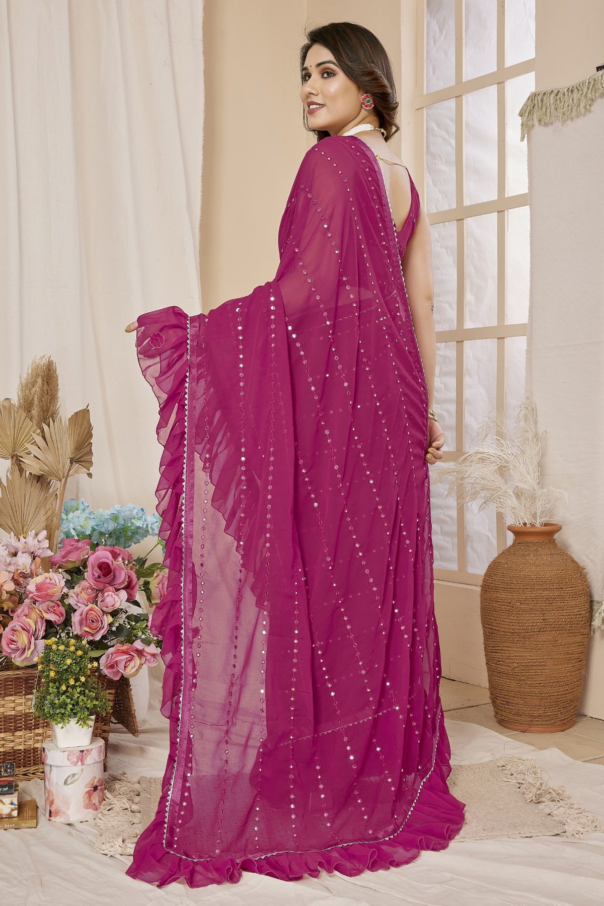 Pink Georgette Saree With Ruffle Saree With Mirror Work With Mirror Work Blouse