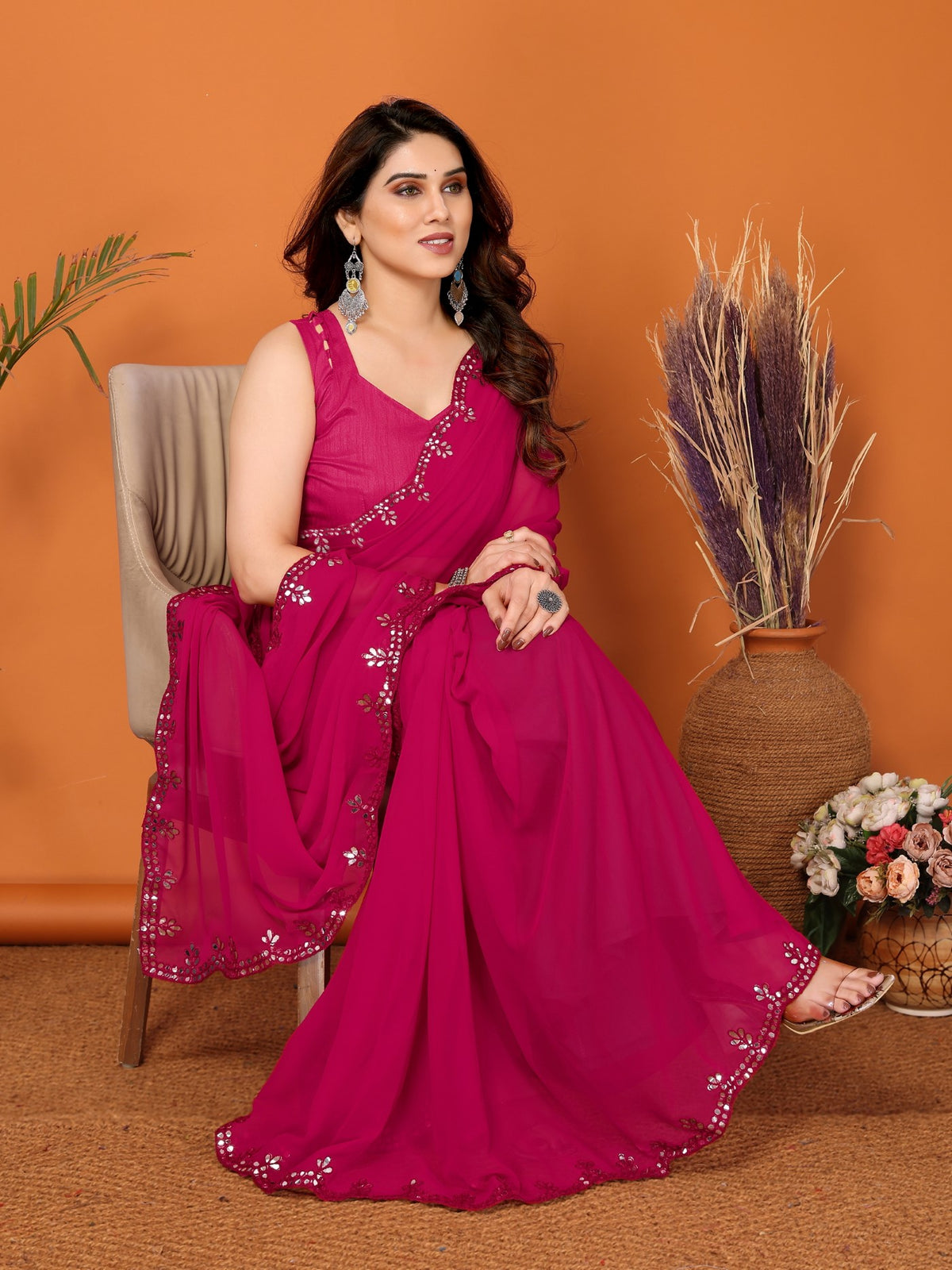 Pink Georgette Saree with Mirror Work